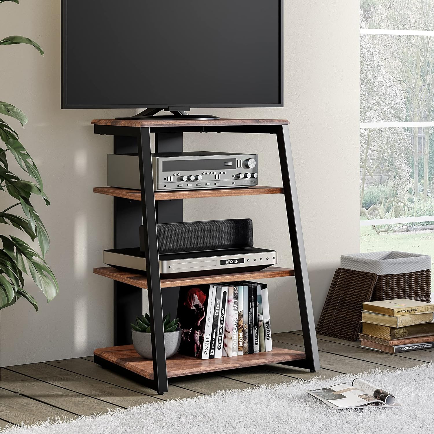 FITUEYES DESIGN HIFI Stojak gramofon, 4-poziomowy, drewniane półki, na wzmacniacz AV / gramofon / Sky box/Xbox One/drukarkę wielofunkcyjna regulacja wysokości, nośność 50 kg