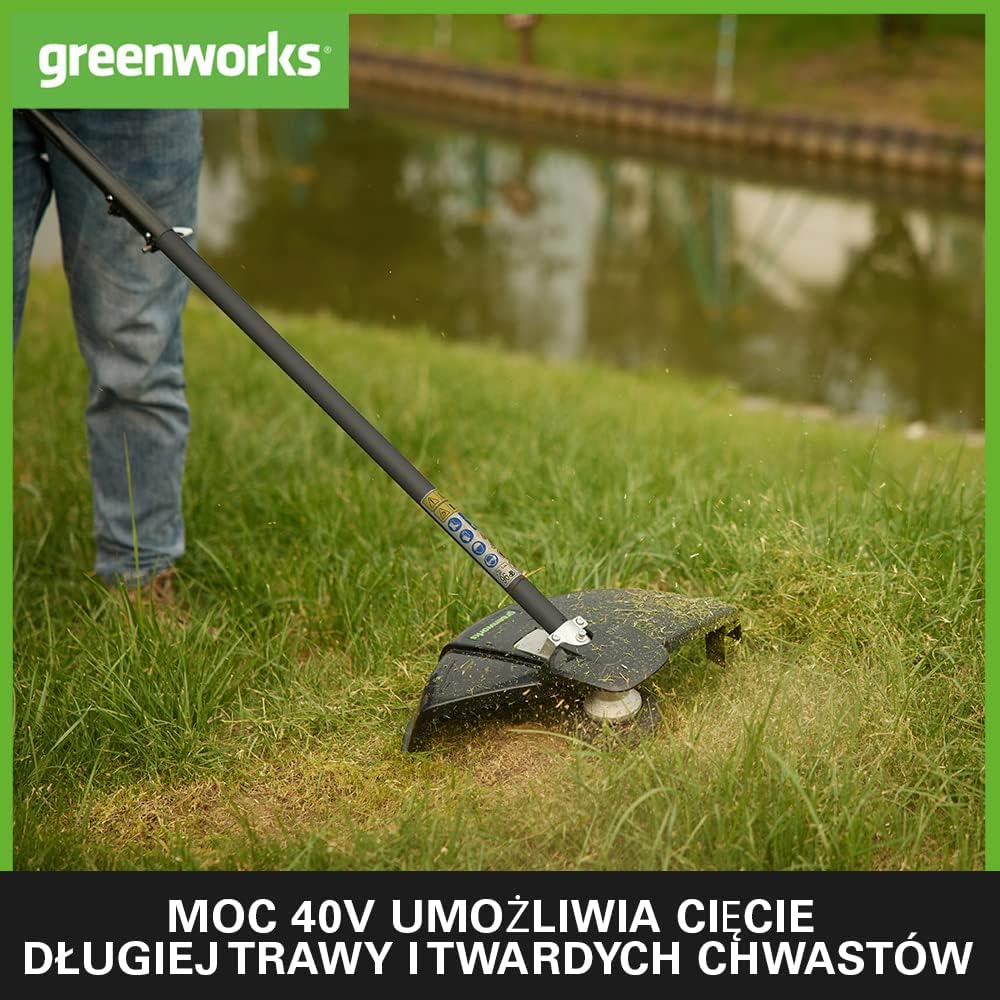 Greenworks GD40BCK2X Akumulatorowa Kosa z Silnikiem Bezszczotkowym, Szelki, Regulowana Wysokość, 40 cm Szerokość Cięcia, 2 mm Żyłka Nylonowa lub 25 cm Ostrze, 2 x Bateria 40V i Ładowarka