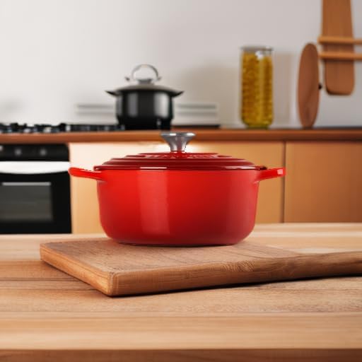 Le Creuset Signature żeliwne naczynie do pieczenia z pokrywką, Ø 26 cm, okrągłe, nadaje się do wszystkich rodzajów kuchenek i kuchenek indukcyjnych, pojemność: 5,3 l, 5,135 kg, kolor czerwony