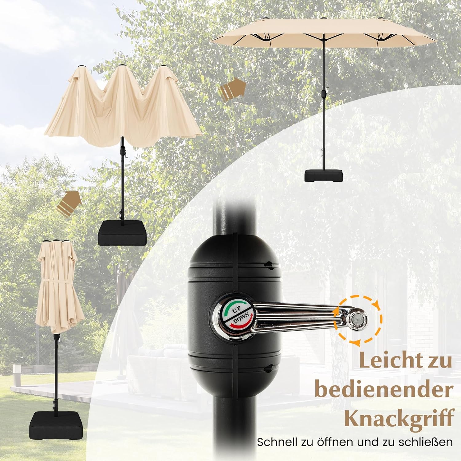 COSTWAY Parasol przeciwsłoneczny, prostokątny, 300 x 300 cm, duży parasol przeciwsłoneczny z korbą, parasol ogrodowy, odchylany o 360°, parasol tarasowy, do ogrodu, na taras, balkon (czarny)