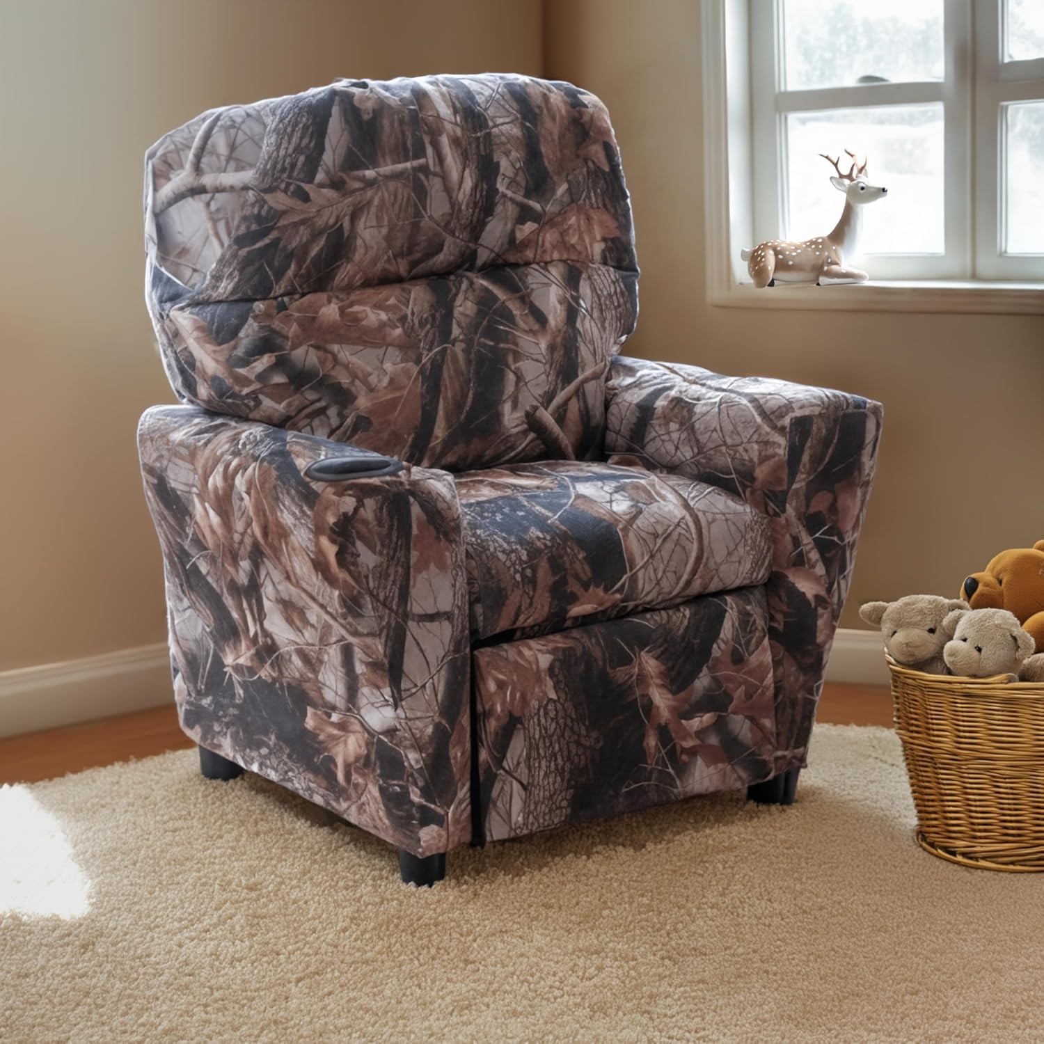 Flash Furniture Współczesny leżak dziecięcy z uchwytem na kubki, drewno, beżowy winyl, 66,04 x 53,34 x 53,34 cm
