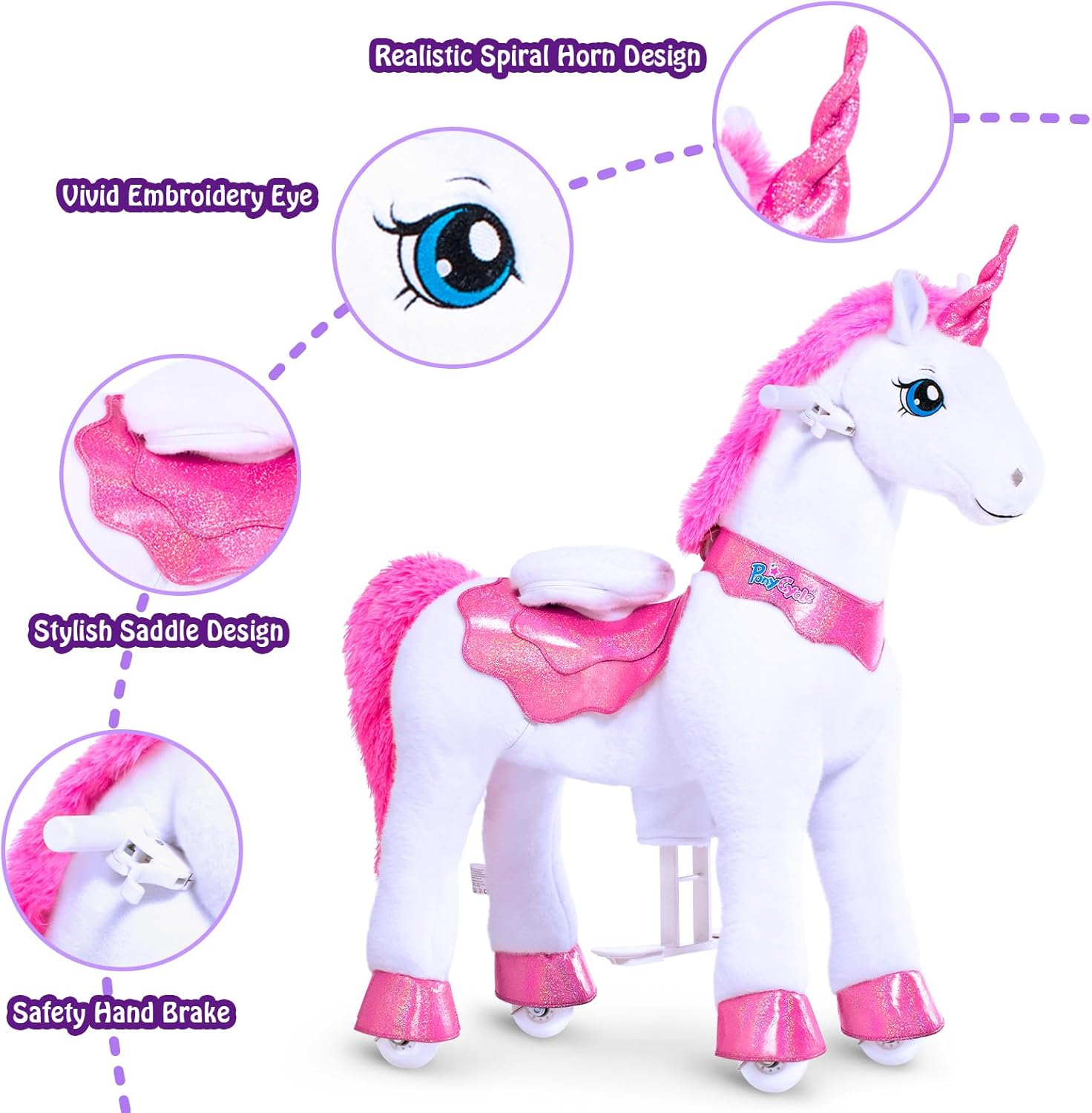 PonyCycle 2023 Nowy Model E Jednorożec do Jazdy na Mechanicznym Chodzącym Jednorożcu z Hamulcem (Fioletowy/Rozmiar 4 dla Dzieci w Wieku 4-8 Lat) Hulajnoga dla Maluchów do Jazdy na Koniu - E413