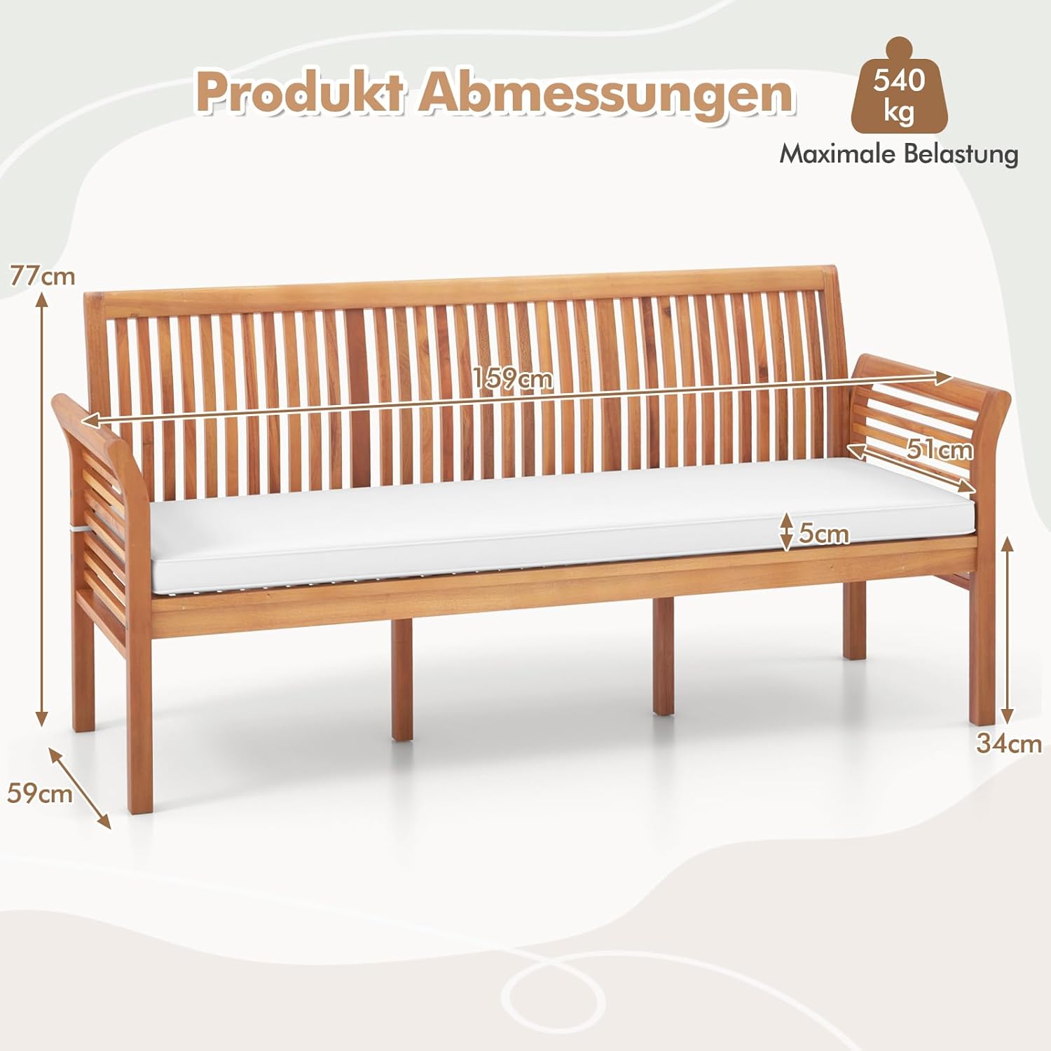 COSTWAY Ławka Ogrodowa z Drewna Akacjowego, Poduszką do Siedzenia, 3-Osobowa Sofa Ogrodowa, Balkonowa, Obciążenie 540 kg, Parkowa na Taras, Balkon, Ogrodu, 159