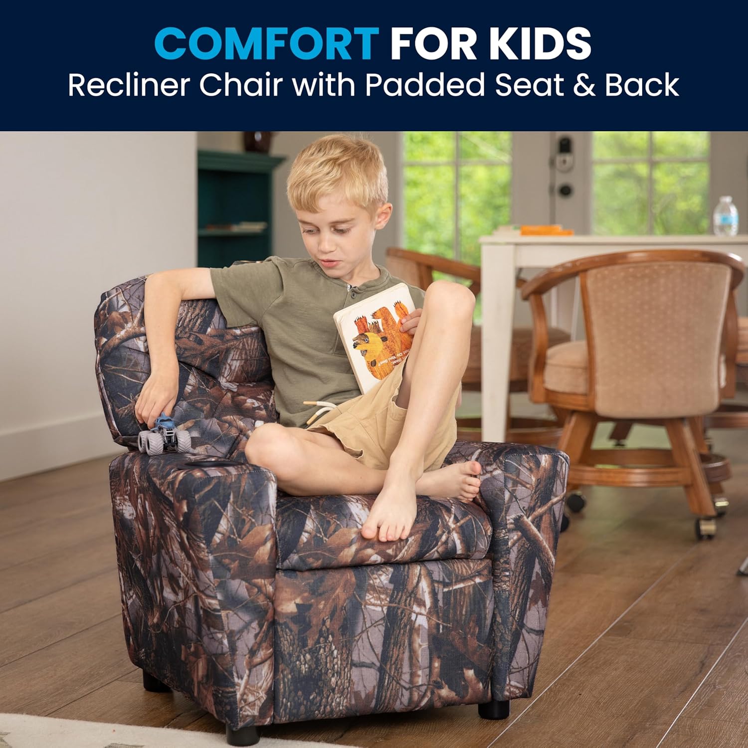 Flash Furniture Współczesny leżak dziecięcy z uchwytem na kubki, drewno, beżowy winyl, 66,04 x 53,34 x 53,34 cm