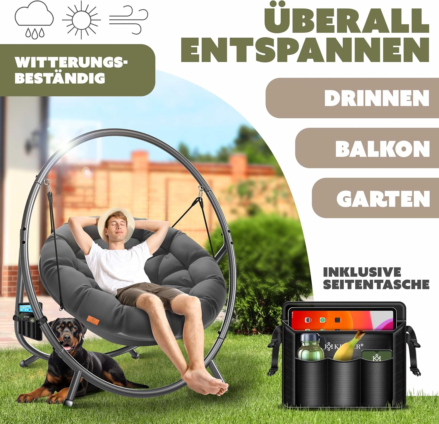 KESSER® Fotel wiszący ze stalowym stelażem, huśtawka, do 150 kg, do użytku wewnątrz i na zewnątrz, z poduszką i kieszenią boczną, kosz wiszący, piankowa poduszka, idealny do salonu i ogrodu