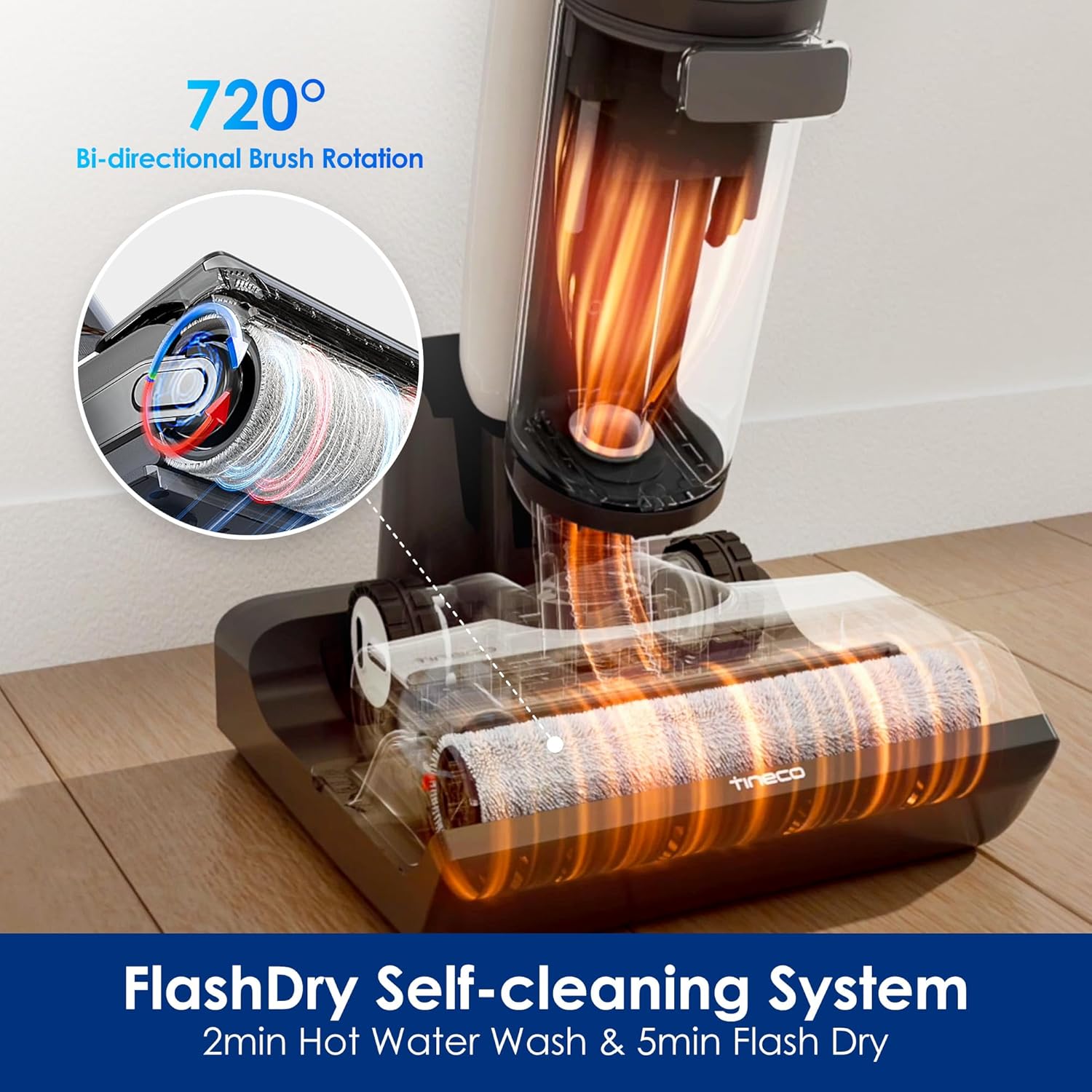 Tineco Floor ONE S7 Stretch Ultra Bezprzewodowy Odkurzacze na sucho i mokro, zapobiegająca splątaniu 180°, czas pracy 50 minut, samooczyszczanie Flashdry 85℃, dwustronne czyszczenie krawędzi