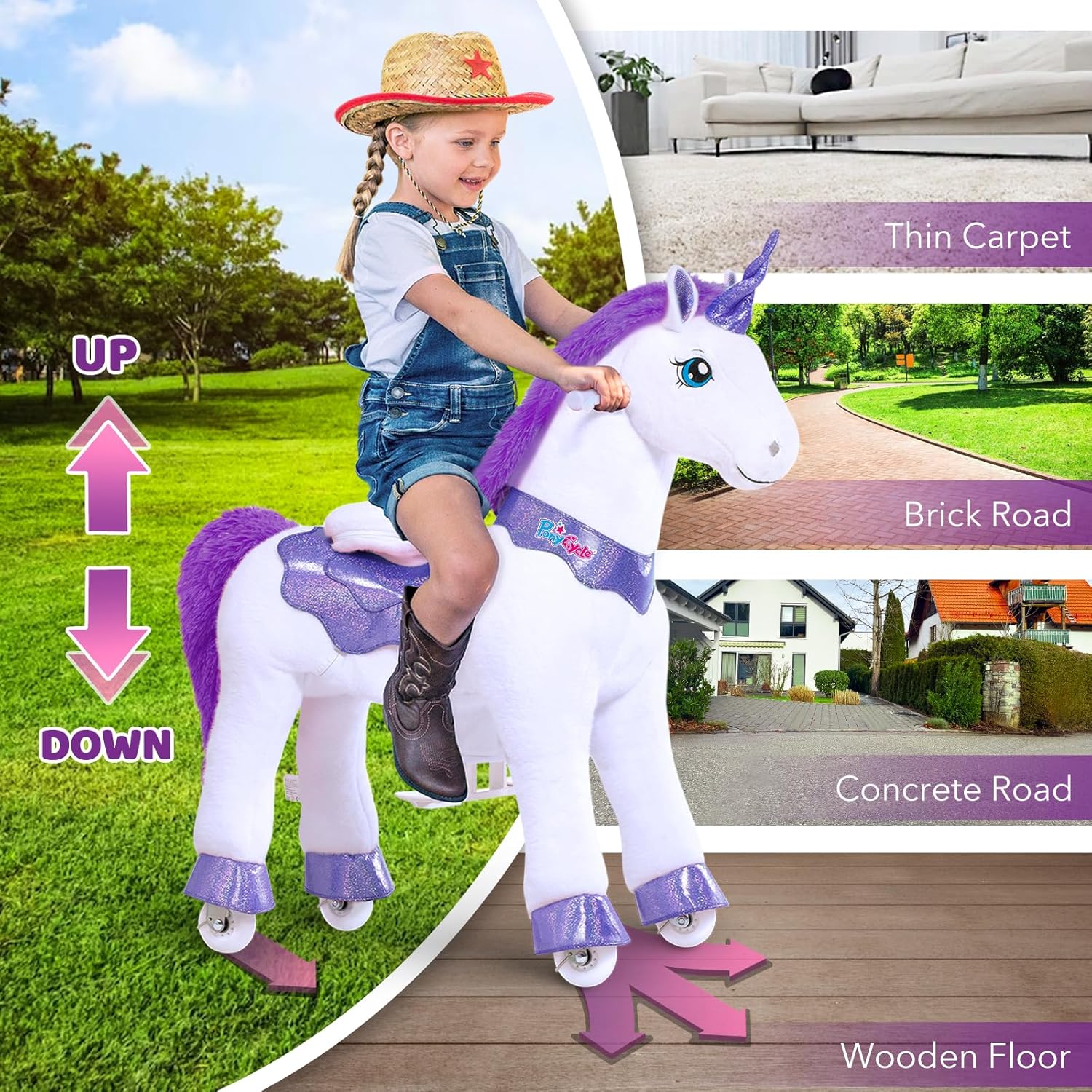 PonyCycle 2023 Nowy Model E Jednorożec do Jazdy na Mechanicznym Chodzącym Jednorożcu z Hamulcem (Fioletowy/Rozmiar 4 dla Dzieci w Wieku 4-8 Lat) Hulajnoga dla Maluchów do Jazdy na Koniu - E413