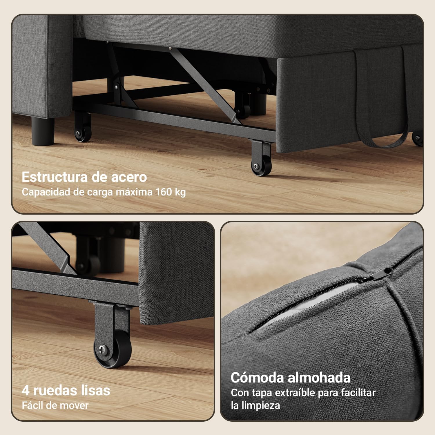 Xbro Fotel Do Spania 3 w 1, Rozkładana Sofa z Funkcją Łóżka, Regulowane Krzesło z Poduszką i Kieszenią, Wielofunkcyjny Fotel na Małe Przestrzenie, Akademiki, Biura