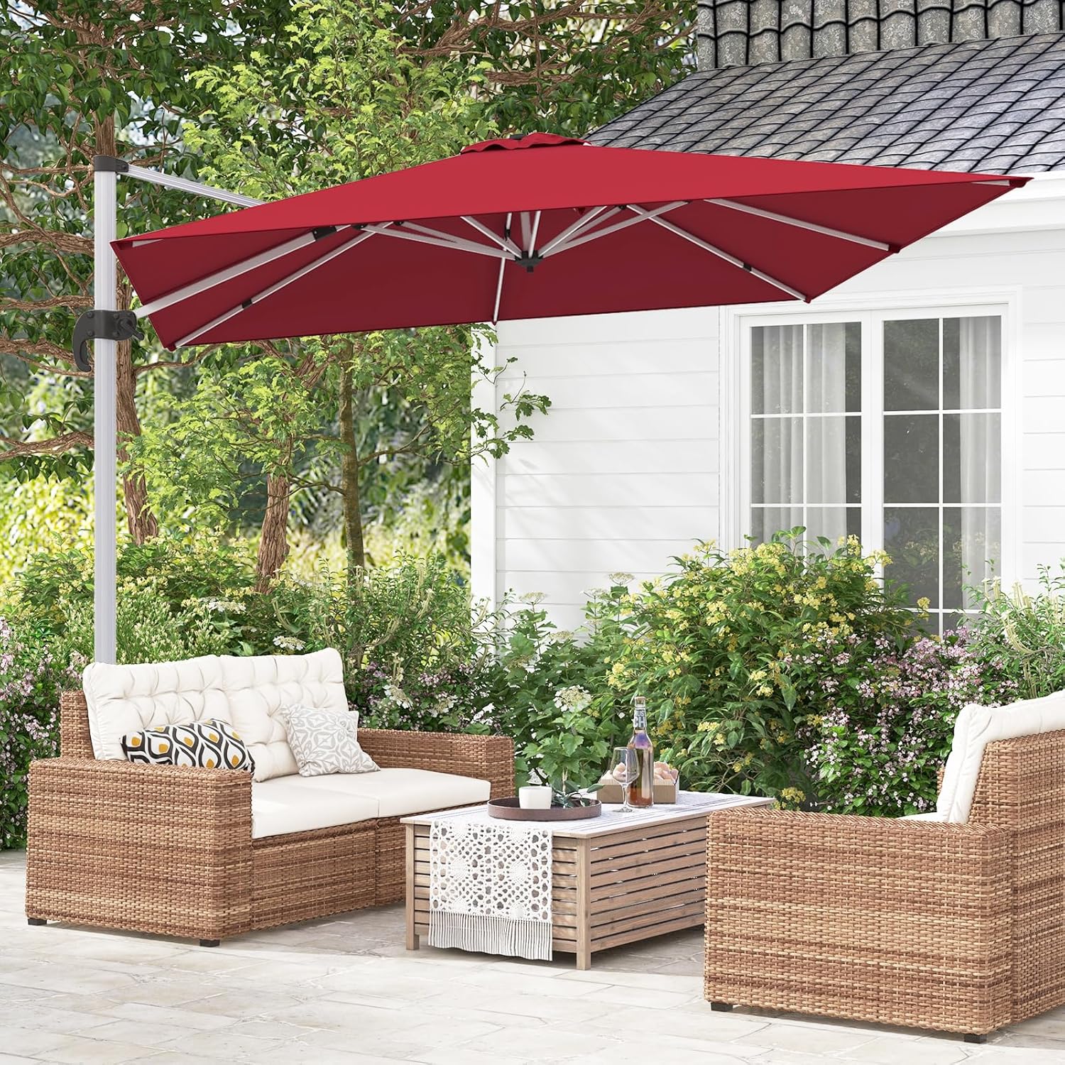 COSTWAY Parasol przeciwsłoneczny, prostokątny, 300 x 300 cm, duży parasol przeciwsłoneczny z korbą, parasol ogrodowy, odchylany o 360°, parasol tarasowy, do ogrodu, na taras, balkon (czarny)