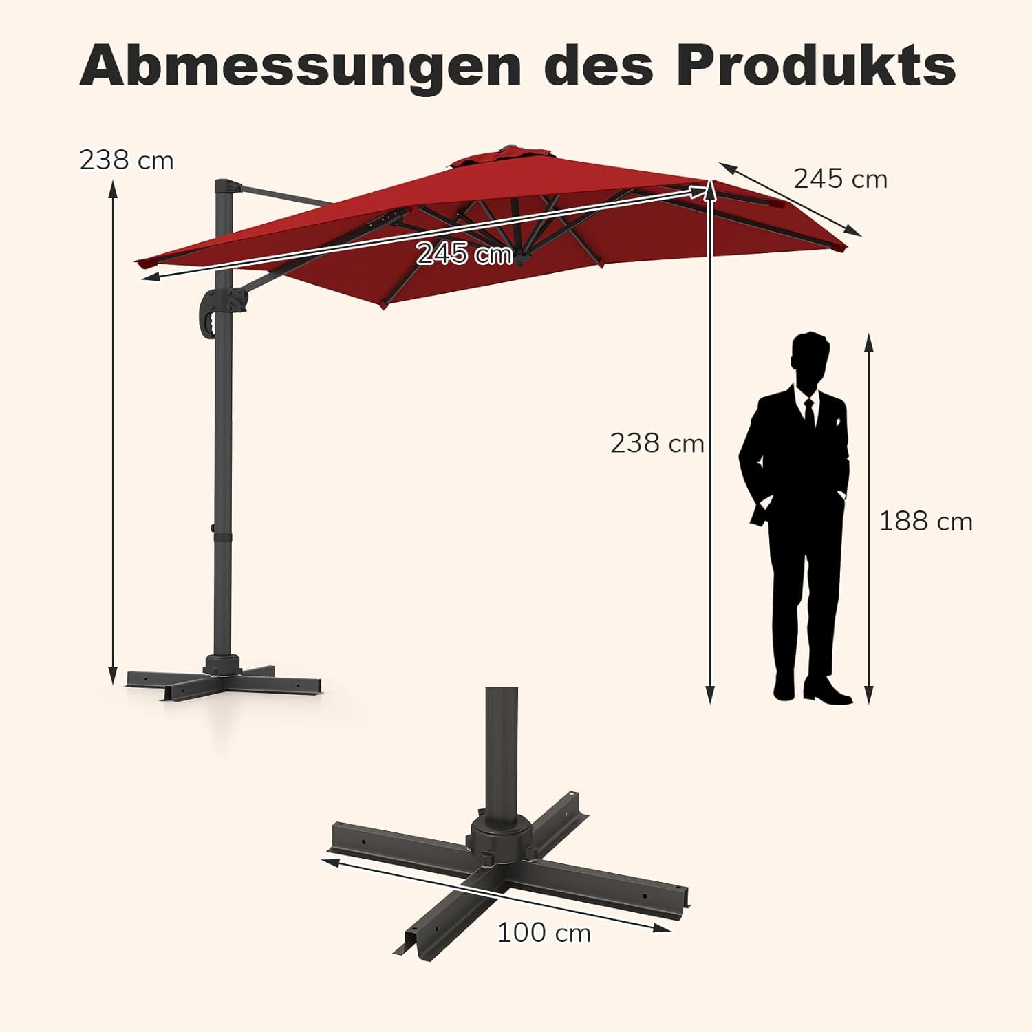 COSTWAY Parasol przeciwsłoneczny, prostokątny, 300 x 300 cm, duży parasol przeciwsłoneczny z korbą, parasol ogrodowy, odchylany o 360°, parasol tarasowy, do ogrodu, na taras, balkon (czarny)