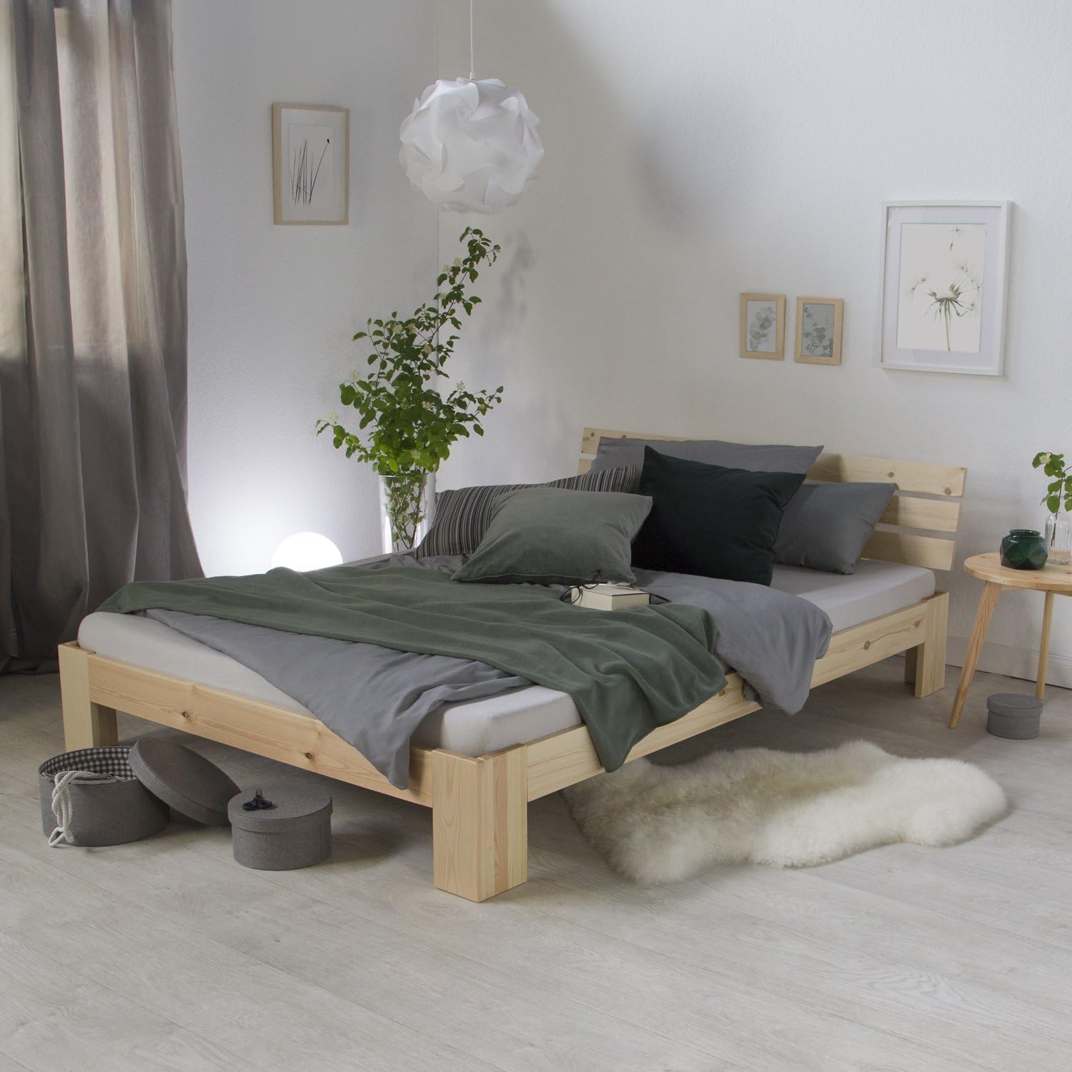 Homestyle4u 1836 Łóżko z litego drewna sosnowego, 180 x 200 cm, z stelażem z białymi listwami, łóżko podwójne 180 x 200 cm