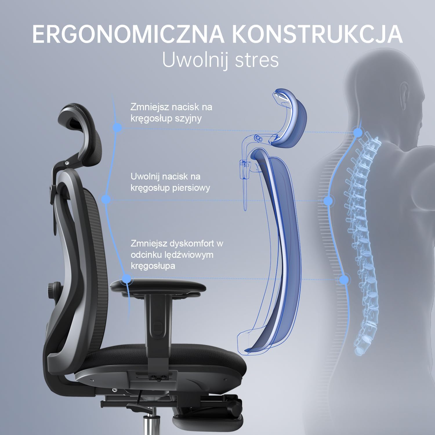 SIHOO Ergonomiczne krzesło biurowe, komputerowe krzesło biurowe z regulowanym podparciem lędźwiowym i zagłówkiem, oddychające siatkowe krzesło do gier z wygodną grubą poduszką i regulowanymi podłokietnikami, krzesło obrotowe do nauki w domu (czarne)
