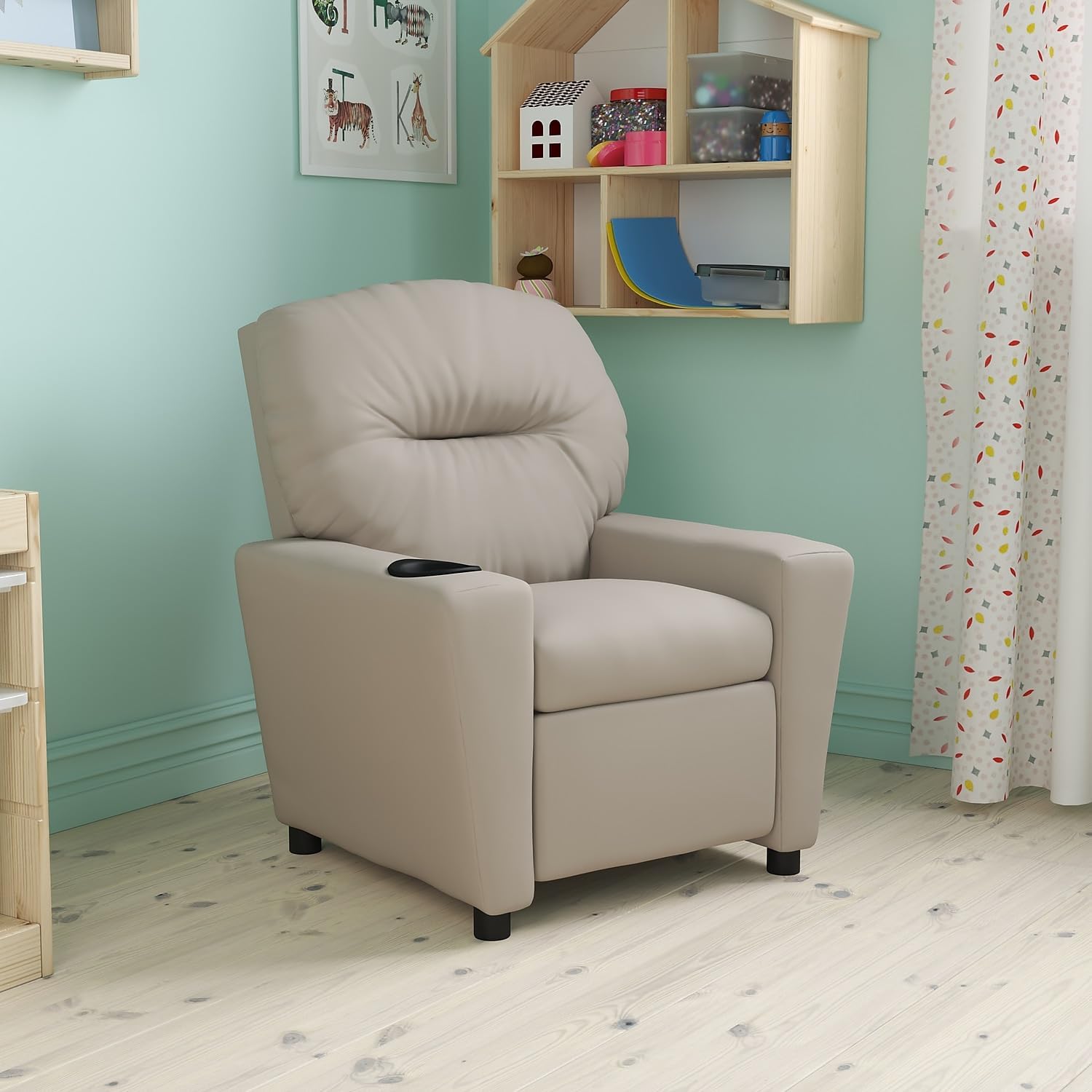 Flash Furniture Współczesny leżak dziecięcy z uchwytem na kubki, drewno, beżowy winyl, 66,04 x 53,34 x 53,34 cm