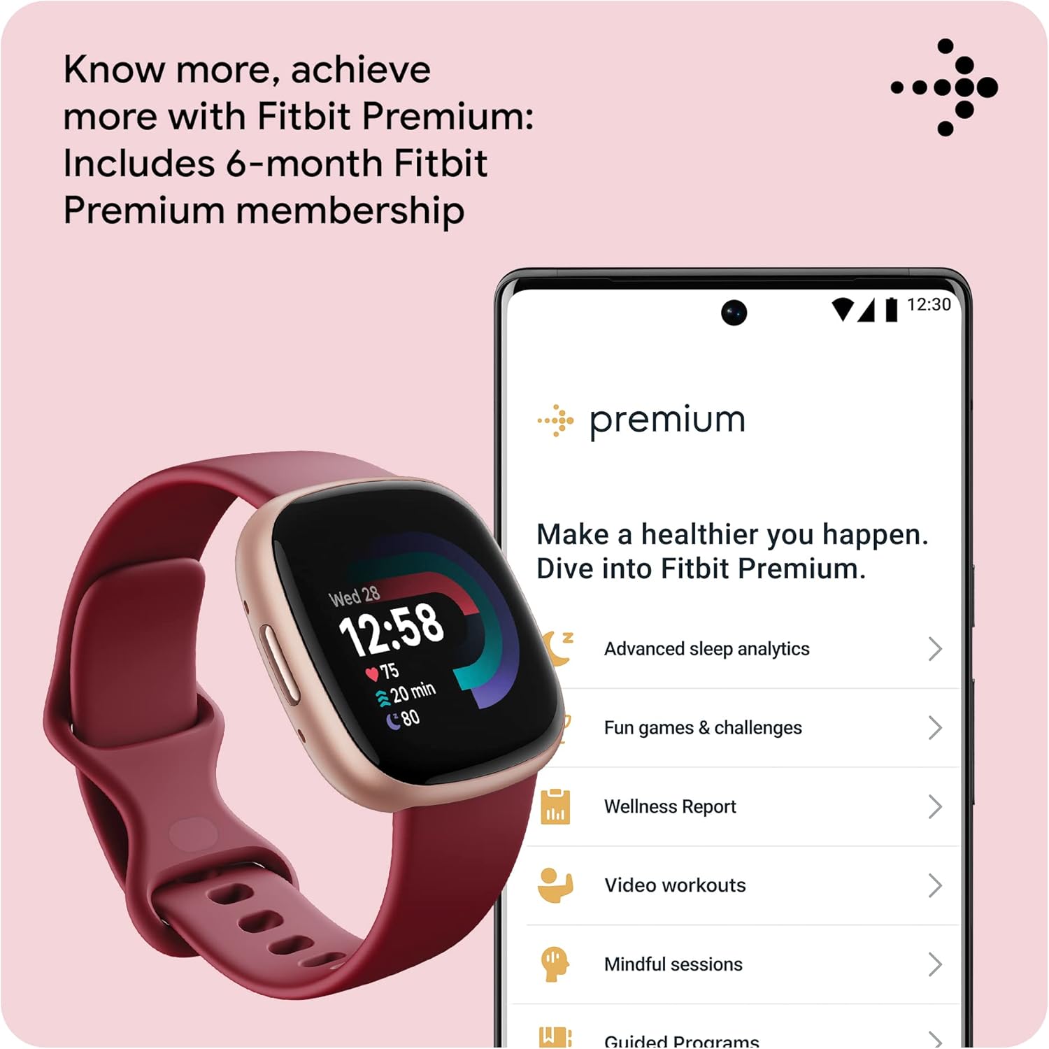 Fitbit Versa 4: Smartwatch aktywnosci fitness z wbudowanym systemem GPS, oraz z żywotnością baterii aż do 6 dni. Kompantybilny z systemem iOS & Android