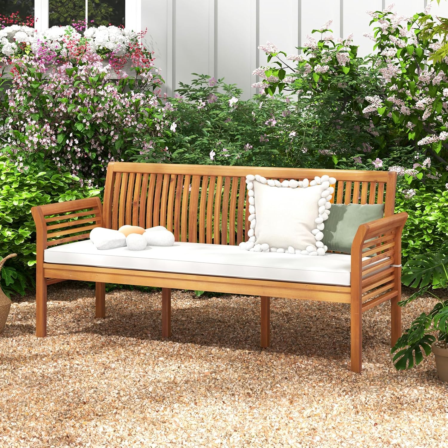 COSTWAY Ławka Ogrodowa z Drewna Akacjowego, Poduszką do Siedzenia, 3-Osobowa Sofa Ogrodowa, Balkonowa, Obciążenie 540 kg, Parkowa na Taras, Balkon, Ogrodu, 159