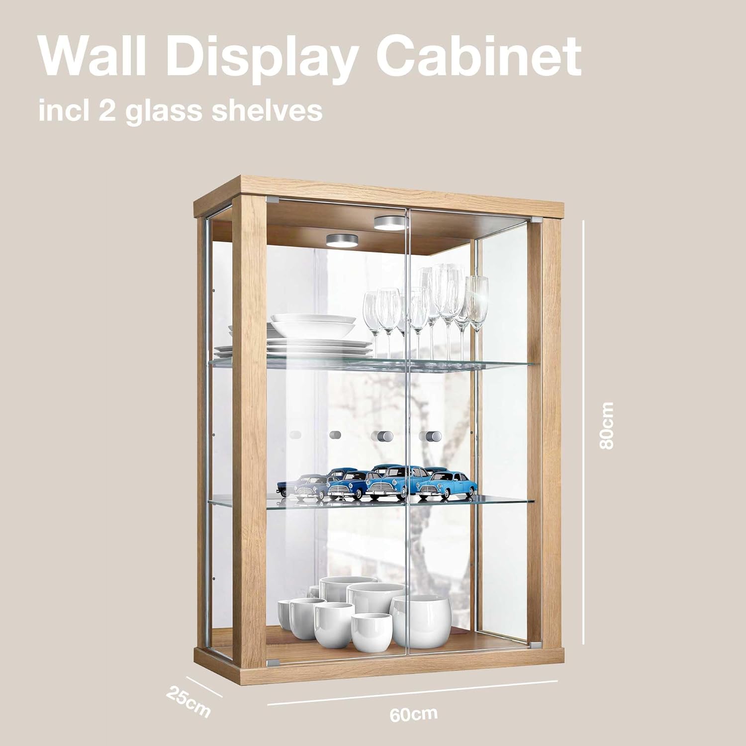 K-Möbel witryna ścienna (80x60x25cm) – Wyprodukowana w Niemczech – Wisząca witryna szklana z 2 regulowanymi półkami z ESG, lustrem i oświetleniem LED w kolorze czarnym Szafka z przeszklonymi drzwiami