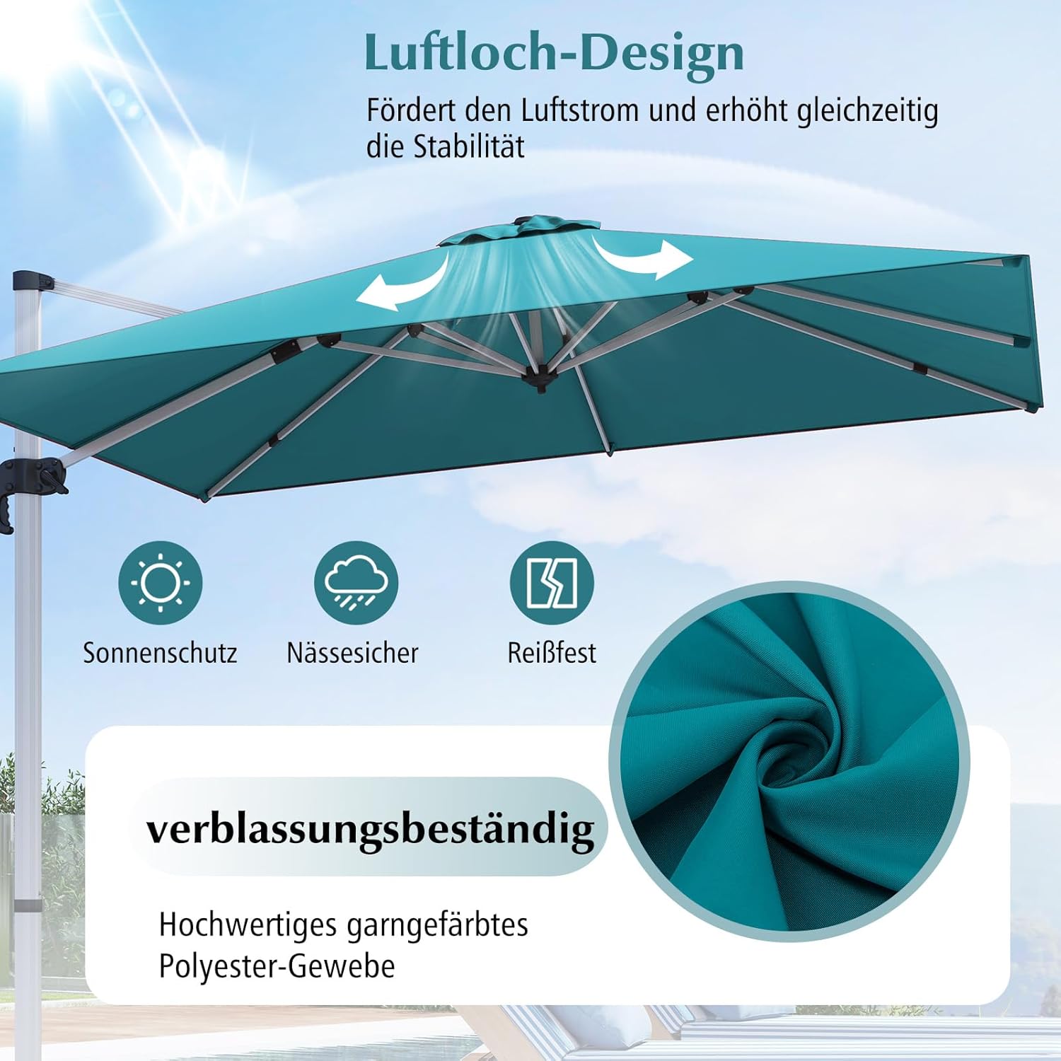 COSTWAY Parasol przeciwsłoneczny, prostokątny, 300 x 300 cm, duży parasol przeciwsłoneczny z korbą, parasol ogrodowy, odchylany o 360°, parasol tarasowy, do ogrodu, na taras, balkon (czarny)