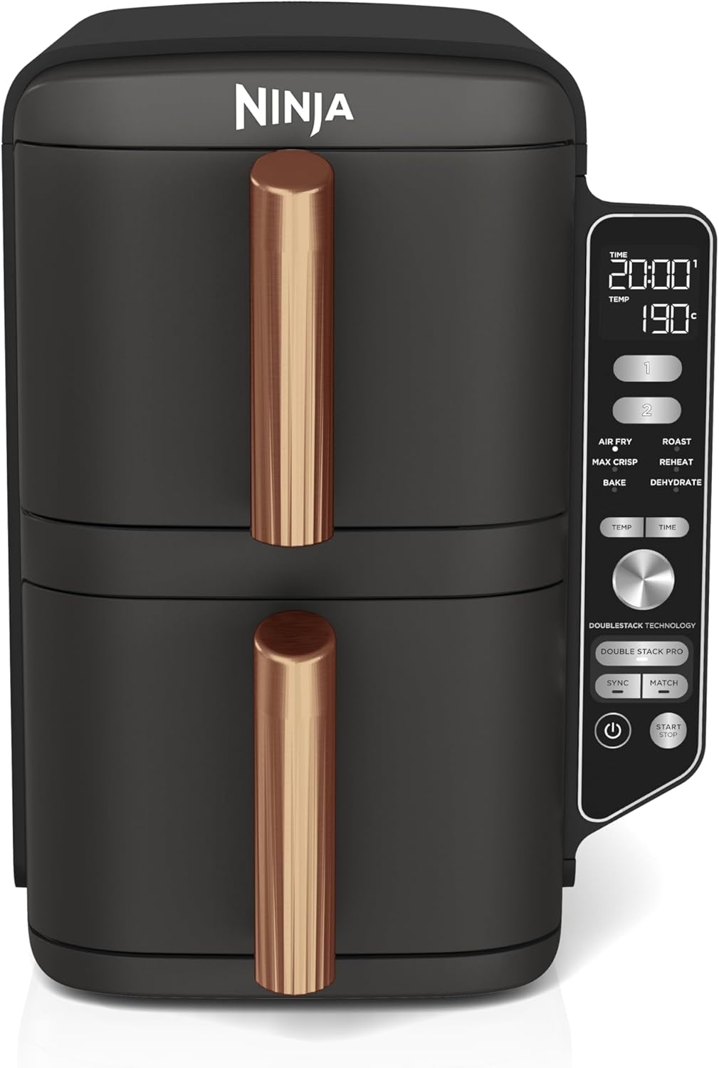 Ninja Foodi MAX Dual Zone Frytkownica beztłuszczowa z 2 szufladami, 9,5 l, kosz nieprzywierający nadaje sie do zmywarki, na 8 porcji, miedziano/czarna, 6 w 1, amazon exclusive, AF400EUCP