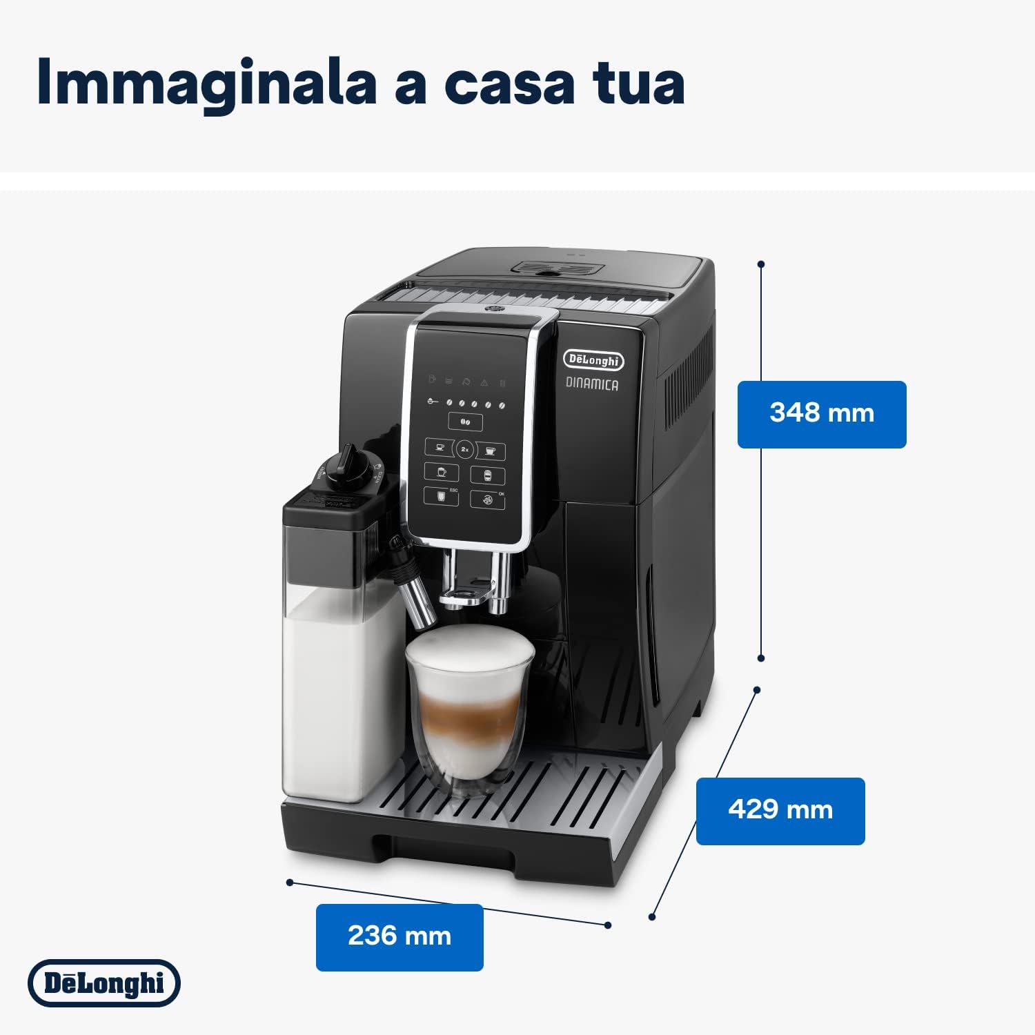 De’Longhi Dinamica ECAM 350.55.B Automatyczny Ekspres do Kawy, Tworzywo Sztuczne, 1450 W, 1,8 L, Czarny