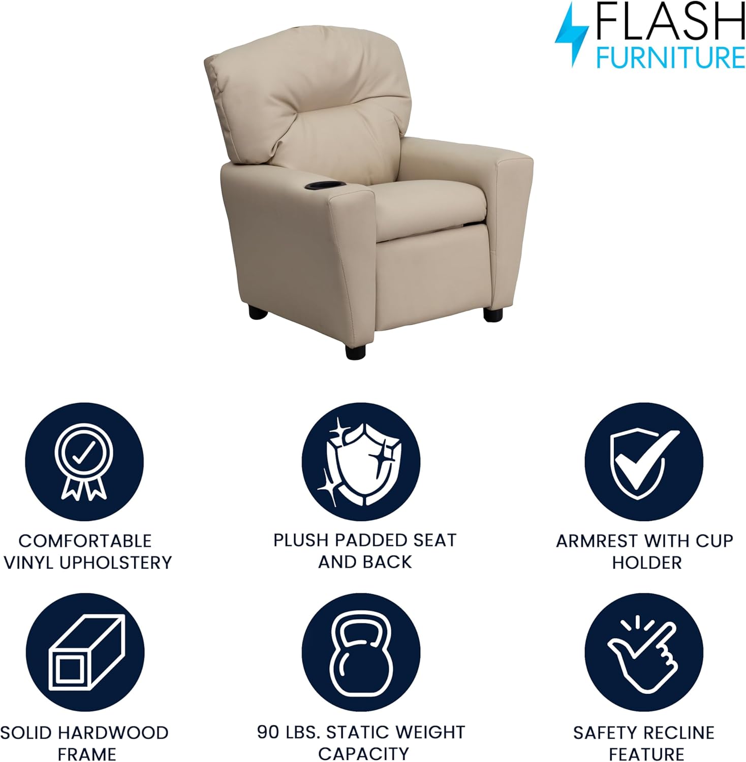 Flash Furniture Współczesny leżak dziecięcy z uchwytem na kubki, drewno, beżowy winyl, 66,04 x 53,34 x 53,34 cm