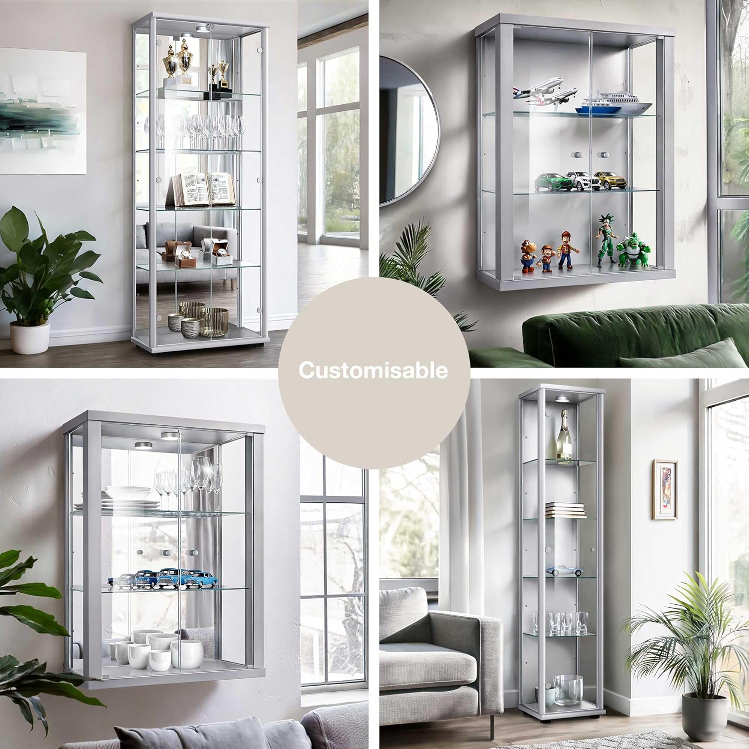 K-Möbel witryna ścienna (80x60x25cm) – Wyprodukowana w Niemczech – Wisząca witryna szklana z 2 regulowanymi półkami z ESG, lustrem i oświetleniem LED w kolorze czarnym Szafka z przeszklonymi drzwiami