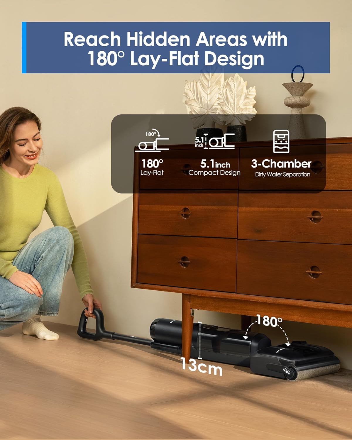 Tineco Floor ONE S7 Stretch Ultra Bezprzewodowy Odkurzacze na sucho i mokro, zapobiegająca splątaniu 180°, czas pracy 50 minut, samooczyszczanie Flashdry 85℃, dwustronne czyszczenie krawędzi