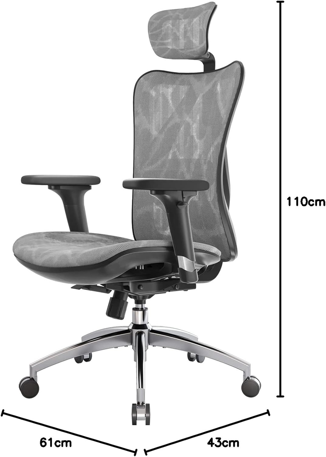 SIHOO Ergonomiczne krzesło biurowe, siatkowe, z regulowanym podparciem lędźwiowym, podłokietniki 3D, oddychające, wysokie oparcie, krzesło komputerowe, jasnoszare