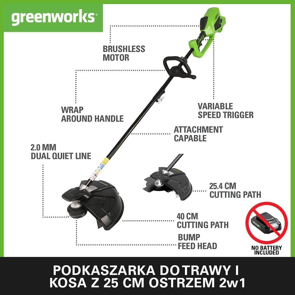 Greenworks GD40BCK2X Akumulatorowa Kosa z Silnikiem Bezszczotkowym, Szelki, Regulowana Wysokość, 40 cm Szerokość Cięcia, 2 mm Żyłka Nylonowa lub 25 cm Ostrze, 2 x Bateria 40V i Ładowarka