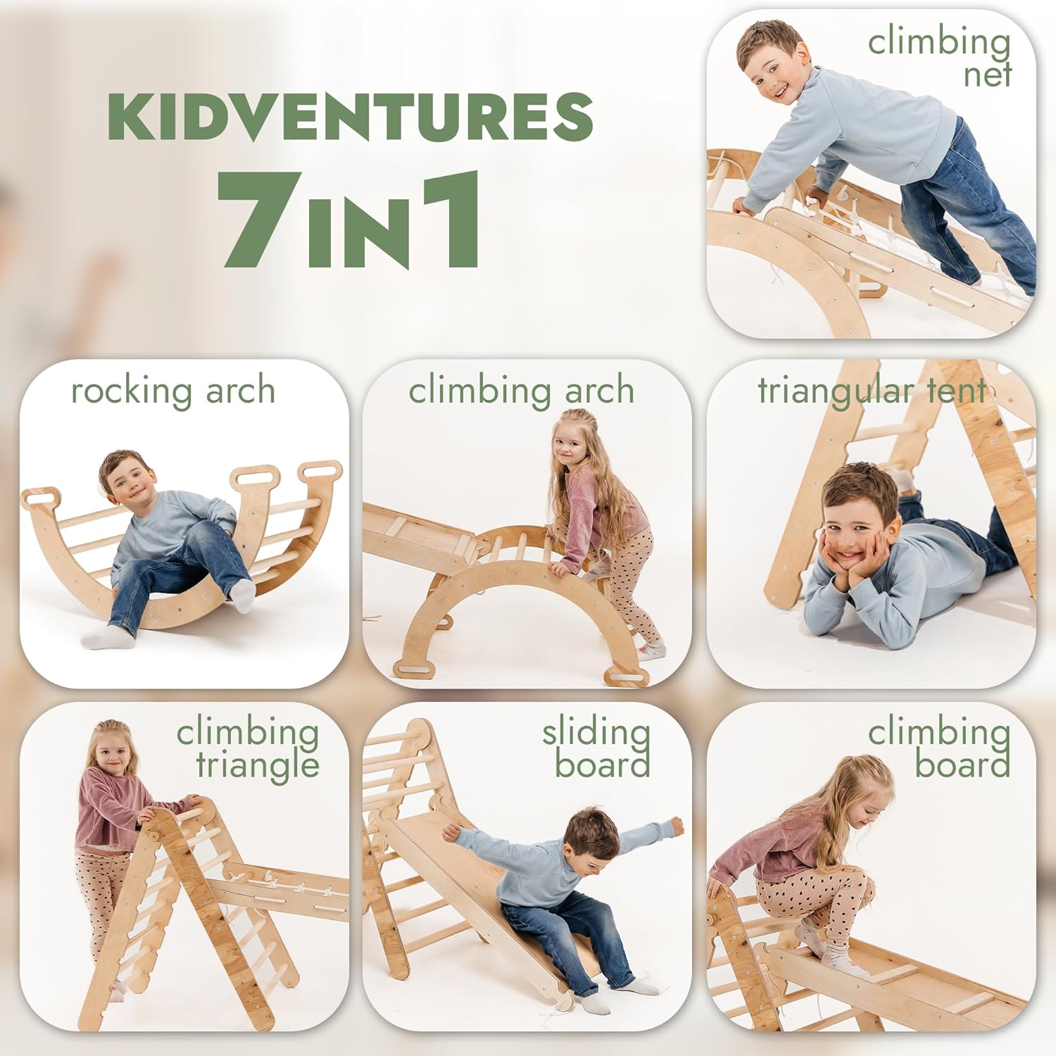 Zestaw wspinaczkowy 5 w 1 Montessori - drewniana siłownia z trójkątną drabinką i łukiem oraz rampą wspinaczkową, siatką i poduszką - rama wspinaczkowa dla maluchów w wieku 1-7 lat w rozmiarze XL