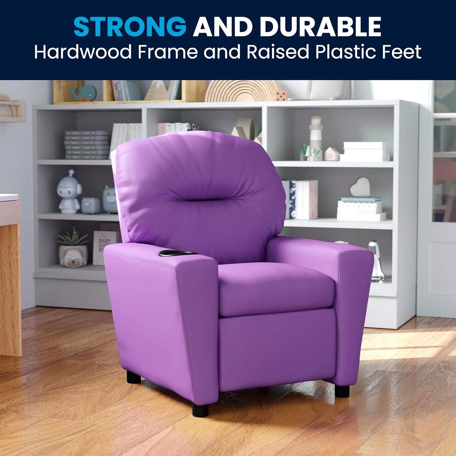Flash Furniture Współczesny leżak dziecięcy z uchwytem na kubki, drewno, beżowy winyl, 66,04 x 53,34 x 53,34 cm