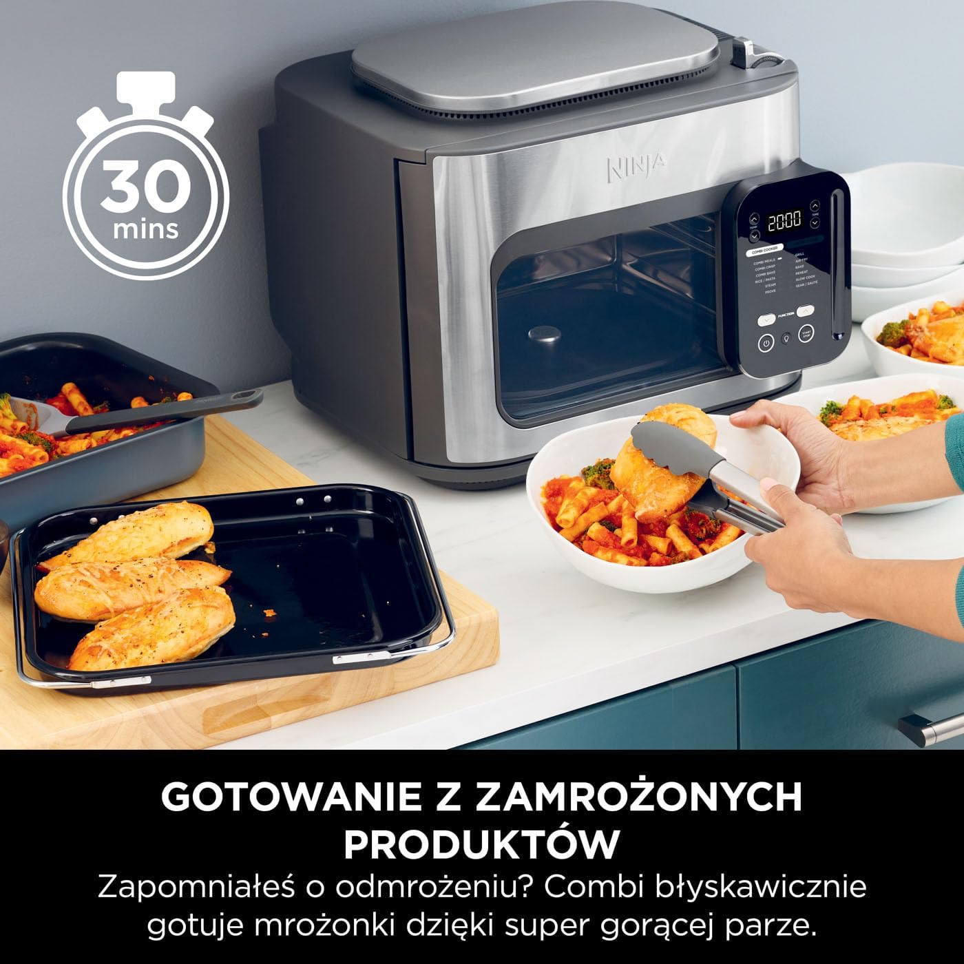 Ninja Combi 12-w-1 Multi-Cooker, kuchenka wielofunkcyjna, piekarnik i frytownica, 12 funkcji, przygotuj posiłki rodzinne w 15 minut, zawiera blachę do pieczenia, patelnię i przepisy, szary, SFP700EU
