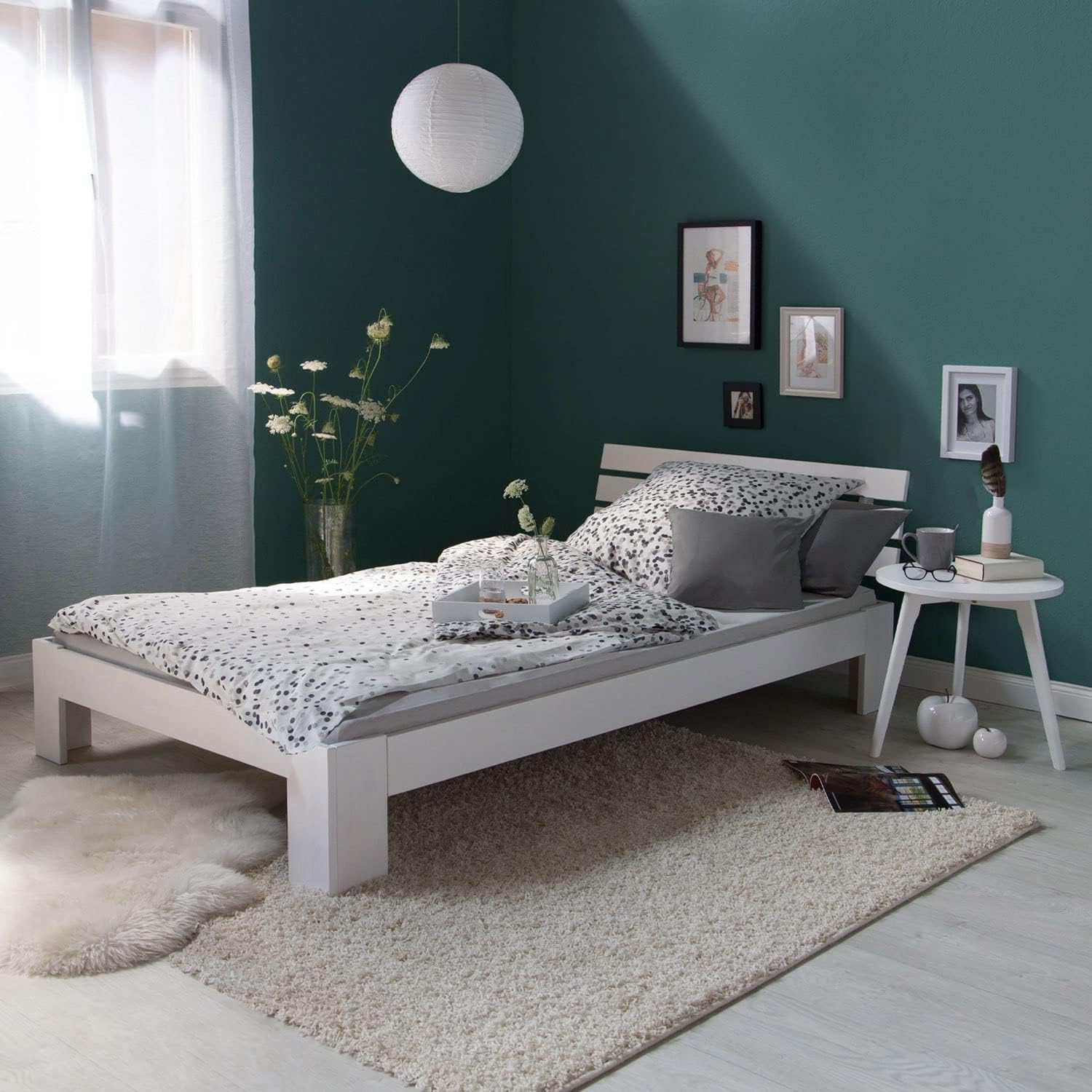 Homestyle4u 1836 Łóżko z litego drewna sosnowego, 180 x 200 cm, z stelażem z białymi listwami, łóżko podwójne 180 x 200 cm