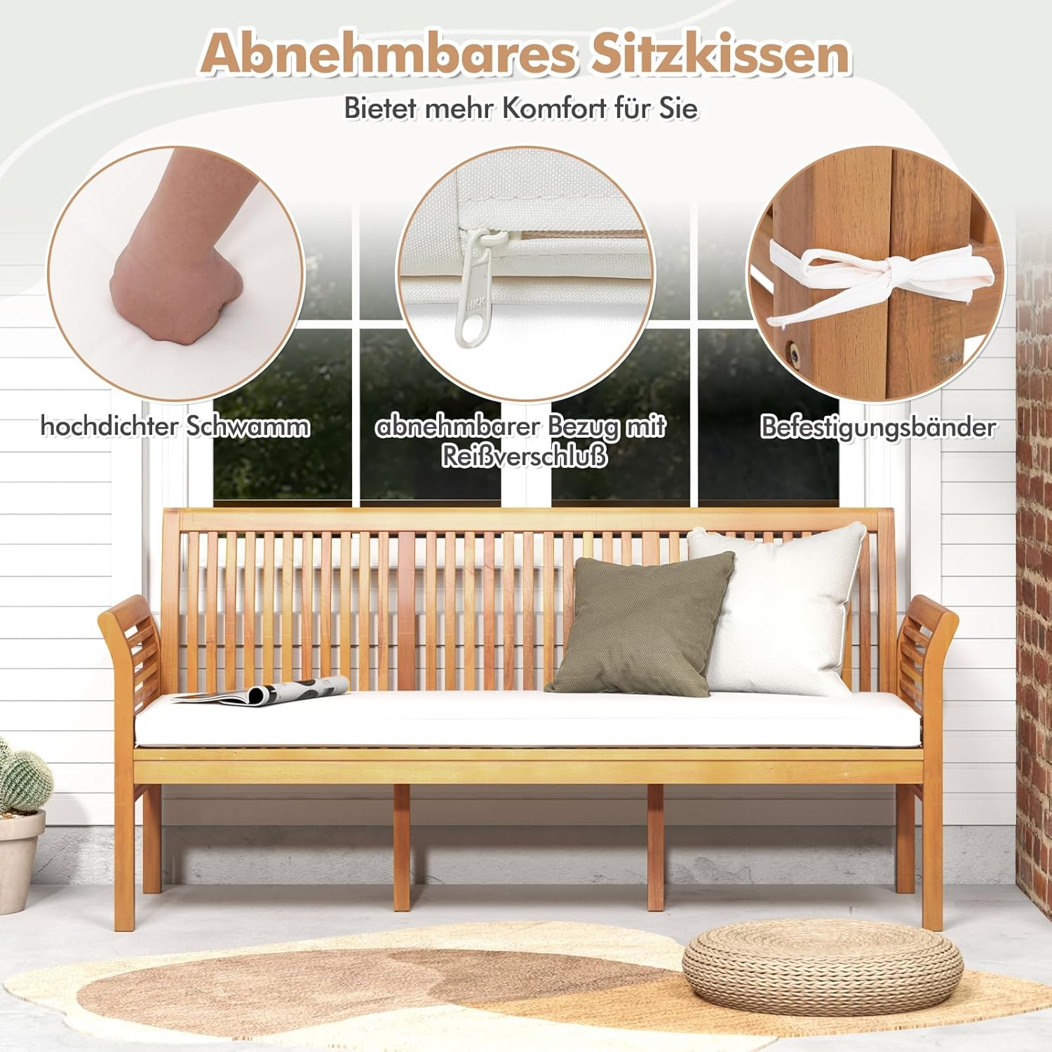 COSTWAY Ławka Ogrodowa z Drewna Akacjowego, Poduszką do Siedzenia, 3-Osobowa Sofa Ogrodowa, Balkonowa, Obciążenie 540 kg, Parkowa na Taras, Balkon, Ogrodu, 159