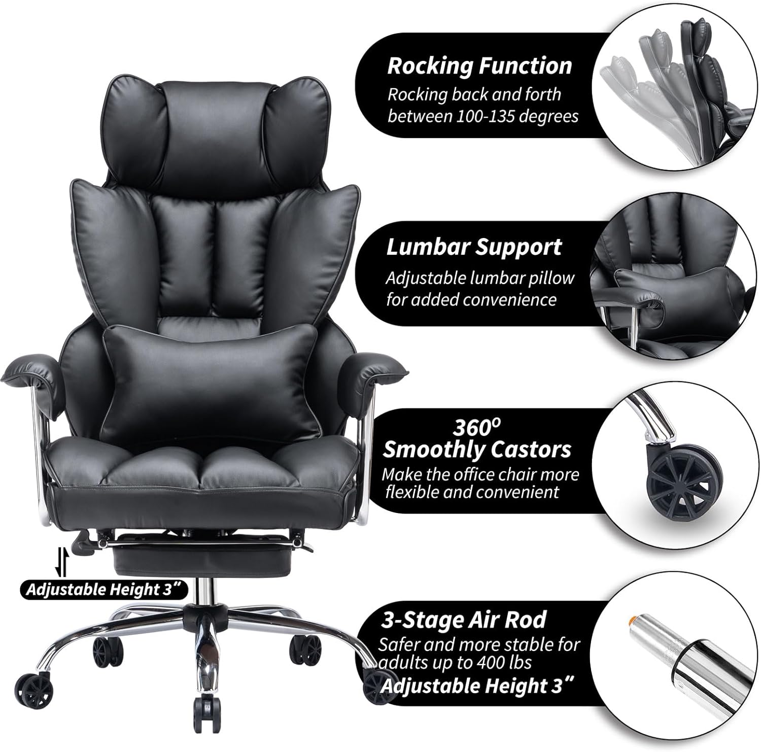 Efomao ergonomiczny fotel biurowy, krzesło kierownicze z PU skóry, fotel biurowy do 200 kg z podnóżkiem i podpórką lędźwiową, regulowane krzesło z wysokim oparciem