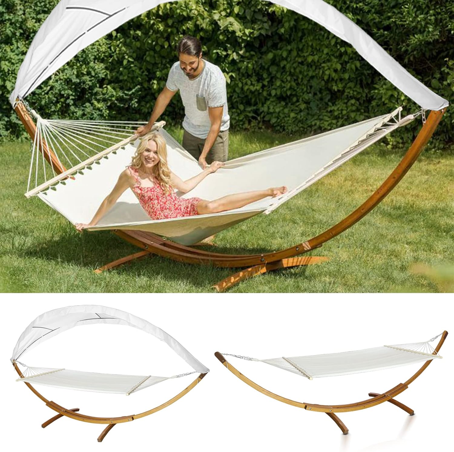 Tubiaz Hamaki ze stelażem, do użytku na zewnątrz, drewniane, 200 x 150 cm, hamak z dachem, nośność 200 kg, na kemping, do ogrodu, na plażę, balkon, fotel wiszący dla 2 osób