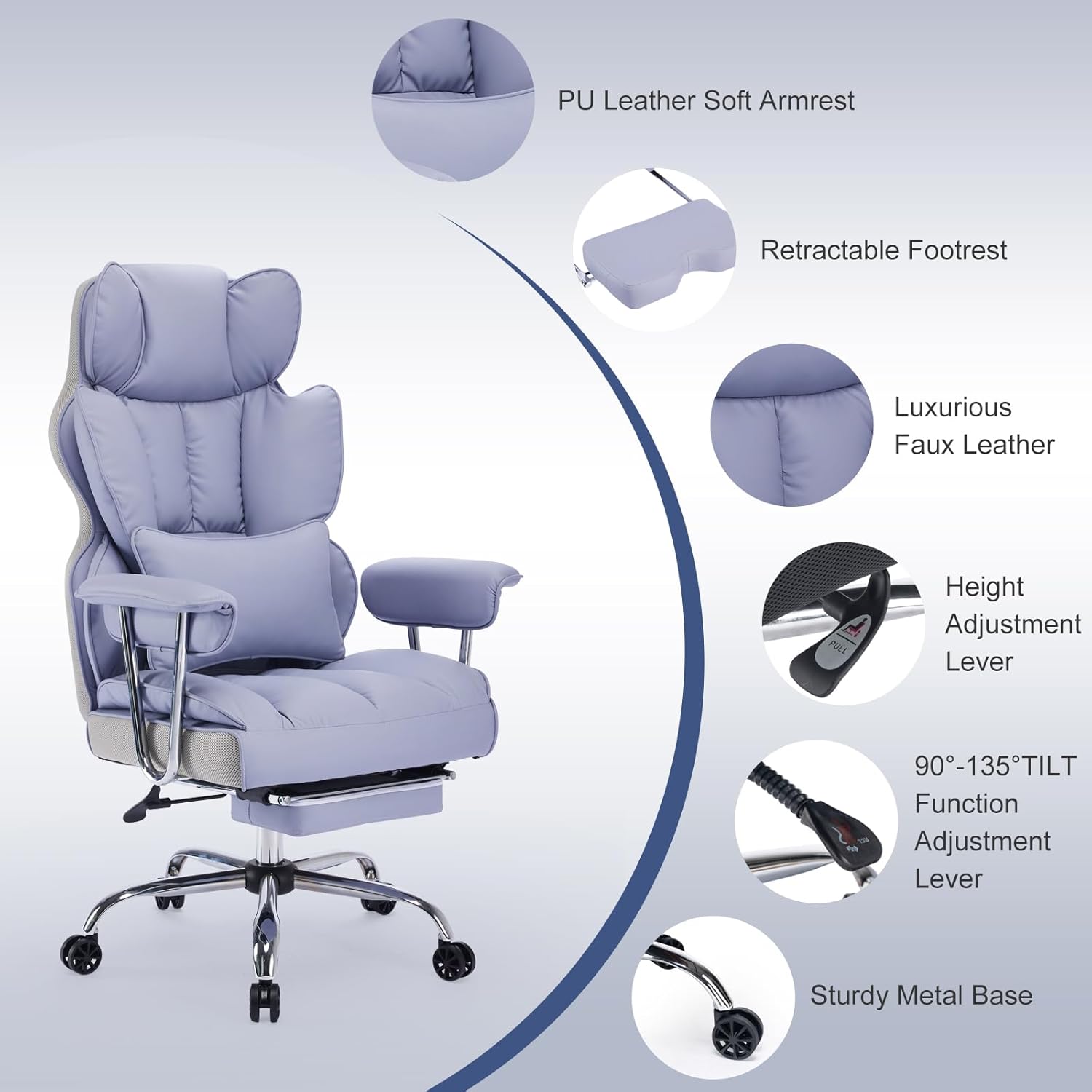 Efomao ergonomiczny fotel biurowy, krzesło kierownicze z PU skóry, fotel biurowy do 200 kg z podnóżkiem i podpórką lędźwiową, regulowane krzesło z wysokim oparciem