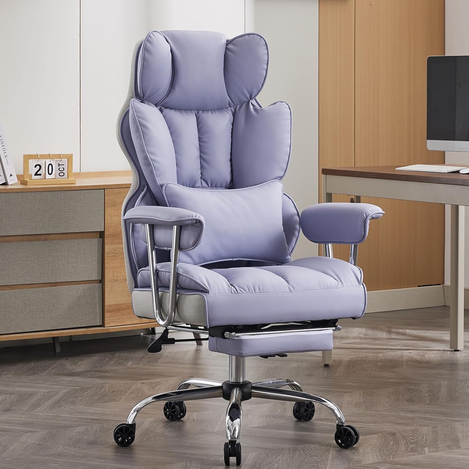 Efomao ergonomiczny fotel biurowy, krzesło kierownicze z PU skóry, fotel biurowy do 200 kg z podnóżkiem i podpórką lędźwiową, regulowane krzesło z wysokim oparciem