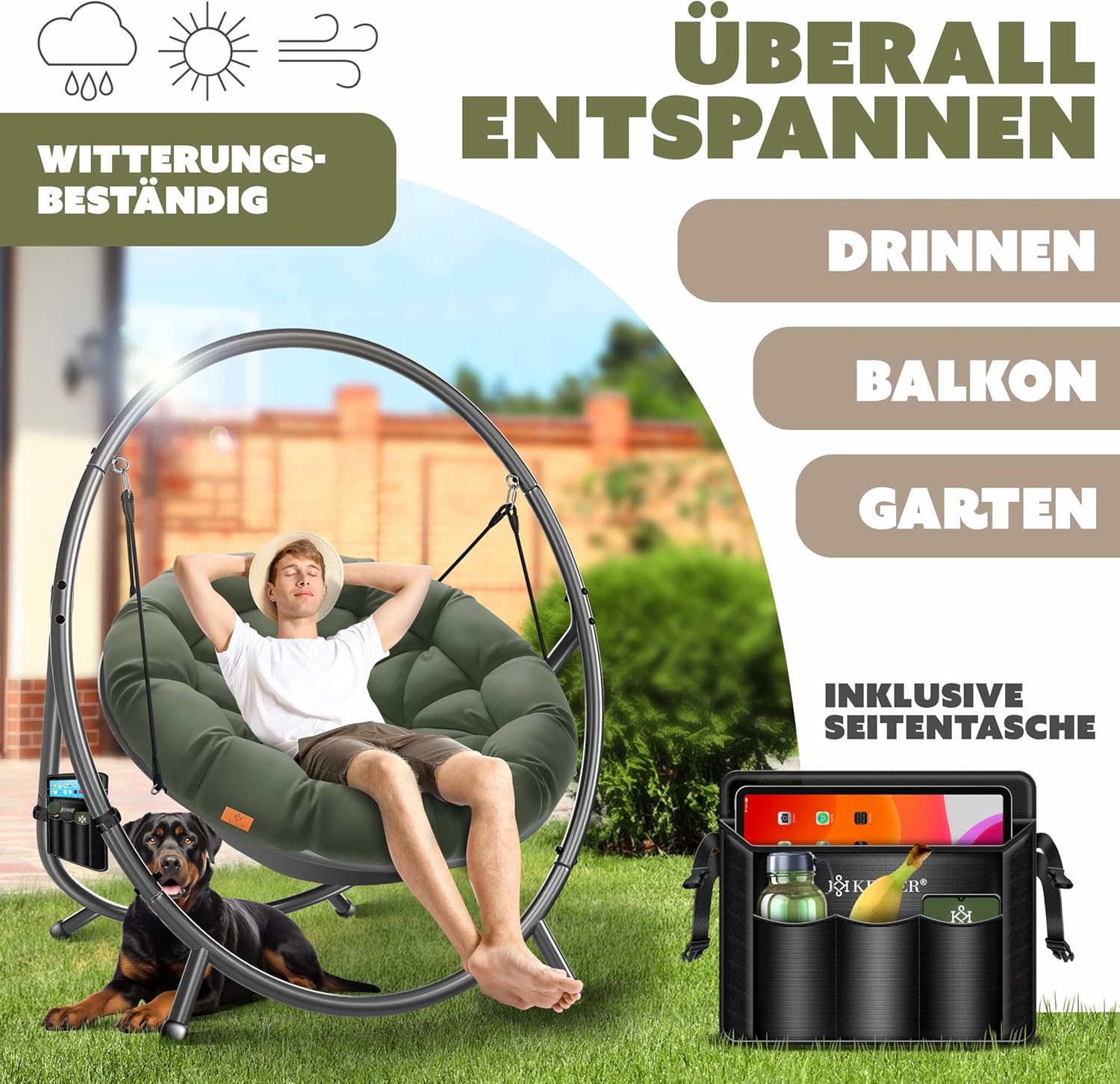 KESSER® Fotel wiszący ze stalowym stelażem, huśtawka, do 150 kg, do użytku wewnątrz i na zewnątrz, z poduszką i kieszenią boczną, kosz wiszący, piankowa poduszka, idealny do salonu i ogrodu