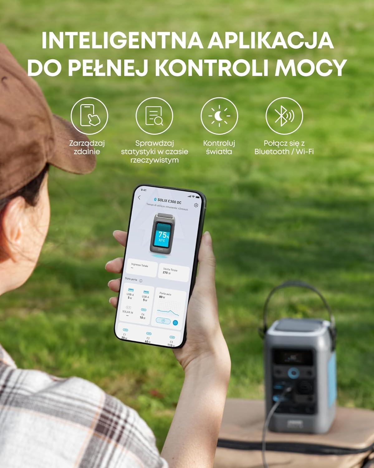 Stacja zasilania DC Anker SOLIX C300, 288 Wh, przenośna stacja zasilania, akumulator LiFePO4, generator słoneczny 300 W, na biwak, podróż i sytuacje awaryjne (bezładowarki ściennej)