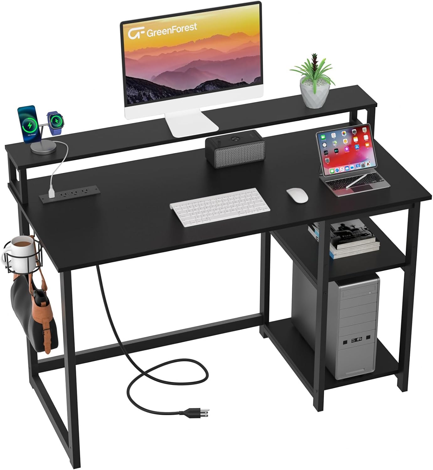 47 inch Computer Desk with Power Outlets, Small Home Office Desk with Ergonomic Monitor Stand, Reversible Gaming Desk, Modern Study Desk, Laptop Desk, White