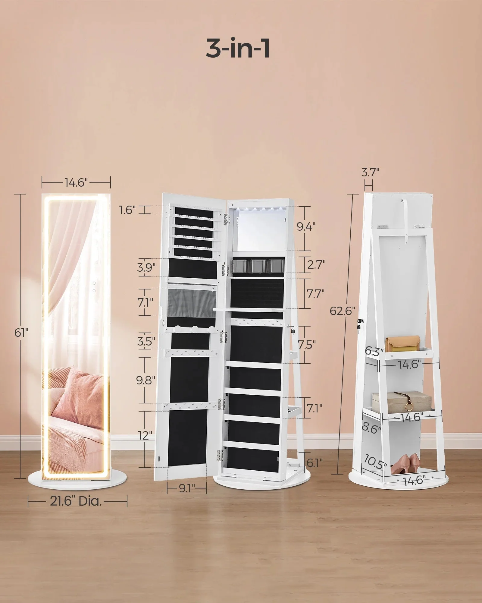 LED Mirror Jewelry Cabinet Standing Jewelry Armoire Organizer Box with Full-Length Mirror and Adjustable LED Lights White