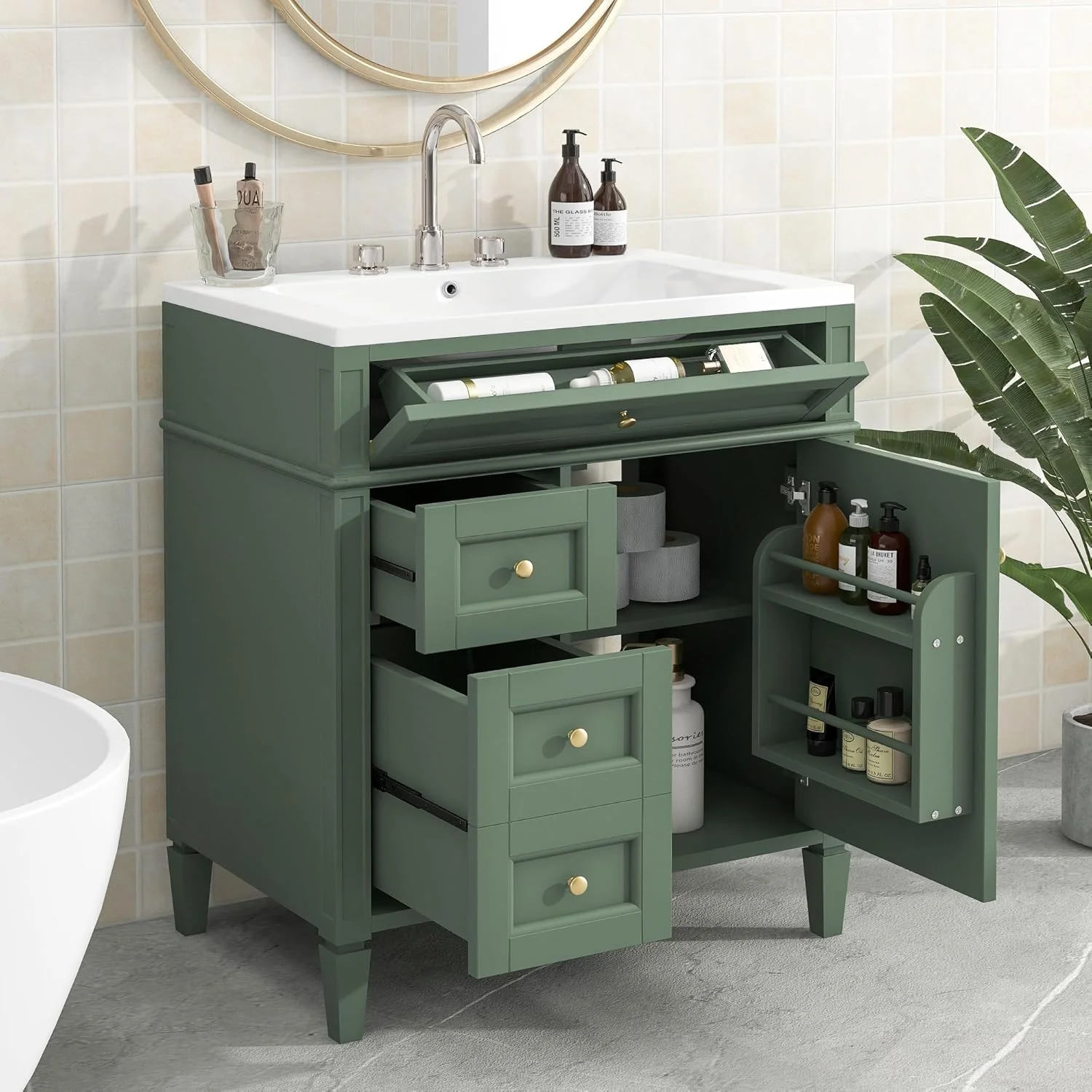 36 Bathroom Vanity with Single Sink Combo, Modern Undermount Bathroom Sink Cabinet with 2 Drawers and a Tip-Out Drawer, Freestanding Bathroom Vanities, Soft Closing, Solid Wood Frame