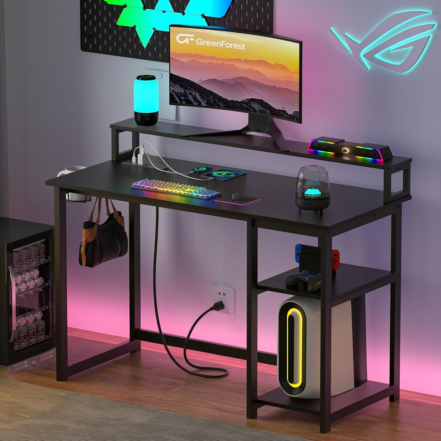 47 inch Computer Desk with Power Outlets, Small Home Office Desk with Ergonomic Monitor Stand, Reversible Gaming Desk, Modern Study Desk, Laptop Desk, White