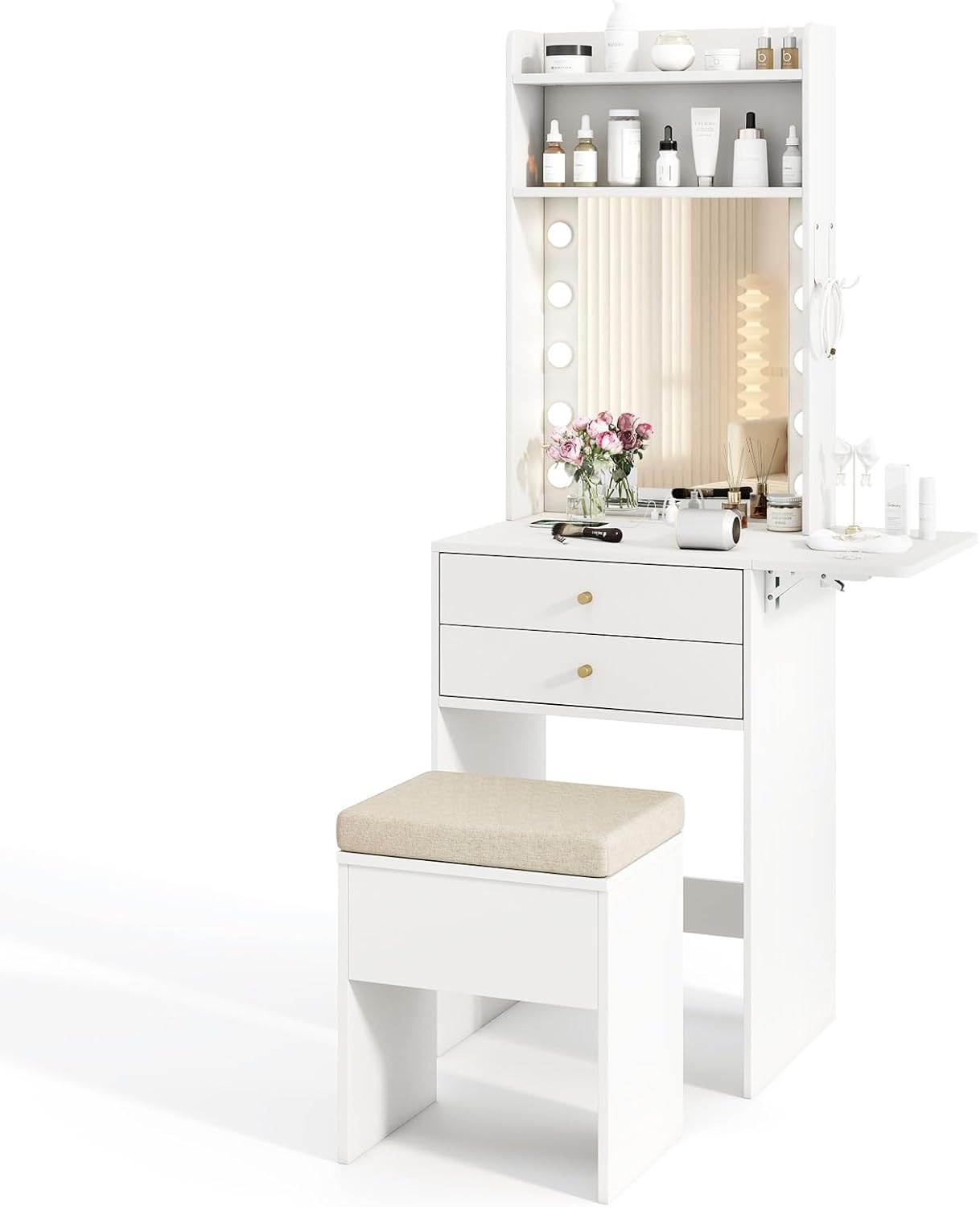 Small Vanity Desk with Mirror and Lights, Makeup Vanity Table with Charging Station, Drawers, Shelves, Foldable Side Table, Compact Dressing Table with Storage Chair for Small Space (White)