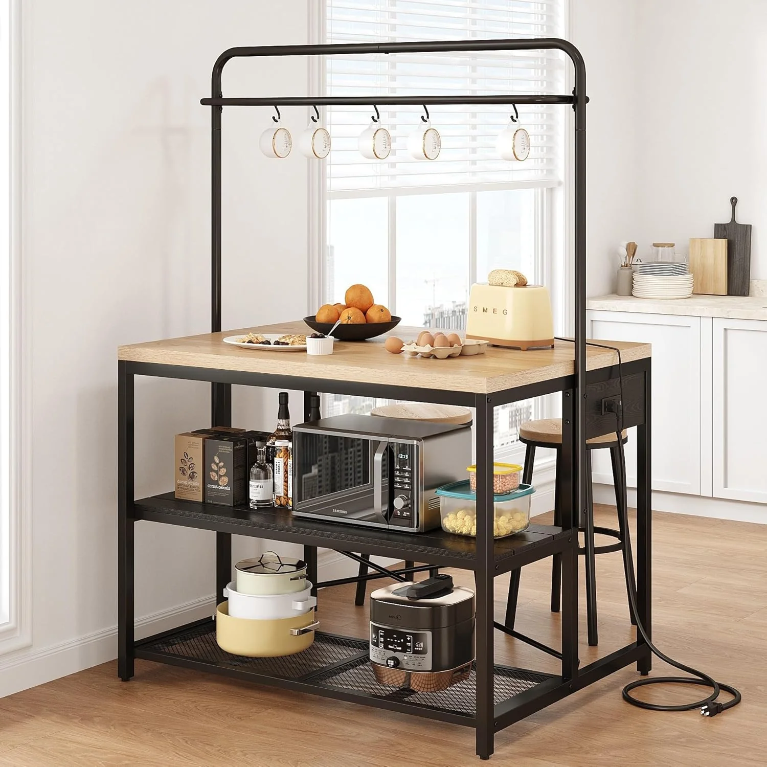 Kitchen Island, Kitchen Island with Storage, Bakers Rack, Island Table for Kitchen, Bakers Rack with Storage, Large Kitchen Island Table, Coffee Bar Table with Shelf,5 Racks,Pear Wood White