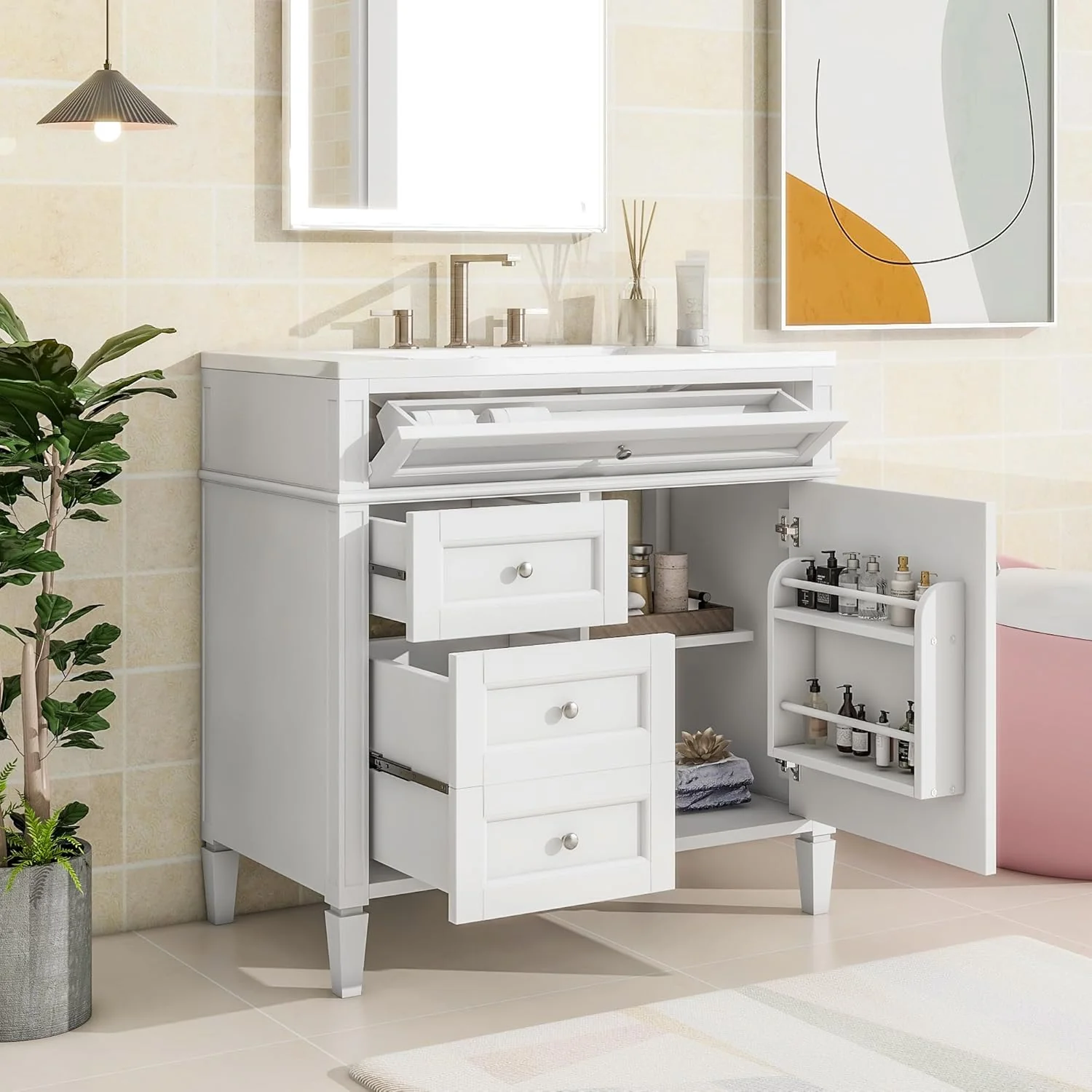 36 Bathroom Vanity with Single Sink Combo, Modern Undermount Bathroom Sink Cabinet with 2 Drawers and a Tip-Out Drawer, Freestanding Bathroom Vanities, Soft Closing, Solid Wood Frame