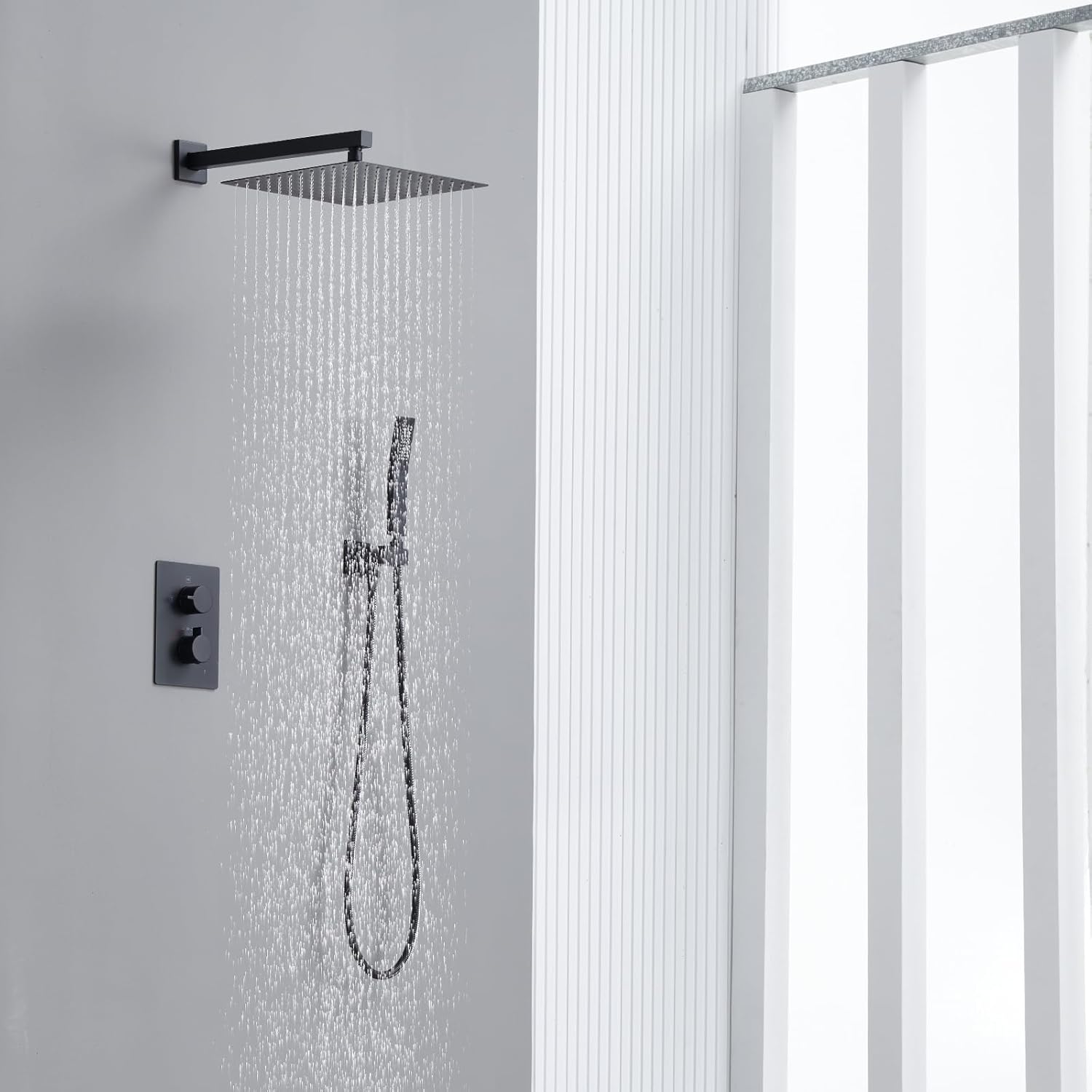 Kojox Thermostatic Shower System - Premium 12-Inch Rainfall Shower Head & Handheld - Complete Bathroom Shower Set with Faucet Mixer Trim Kit & Valve, Matte Black Finish