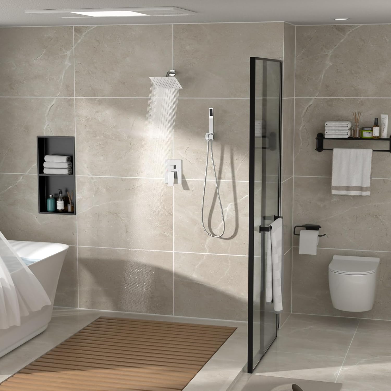 Shower System - 10 Inch Shower Faucet Set Black Shower Head And Handle Set Rainfall Wall Mounted Shower Fixtures Shower Valve And Trim Kit, Black #TLSH-806