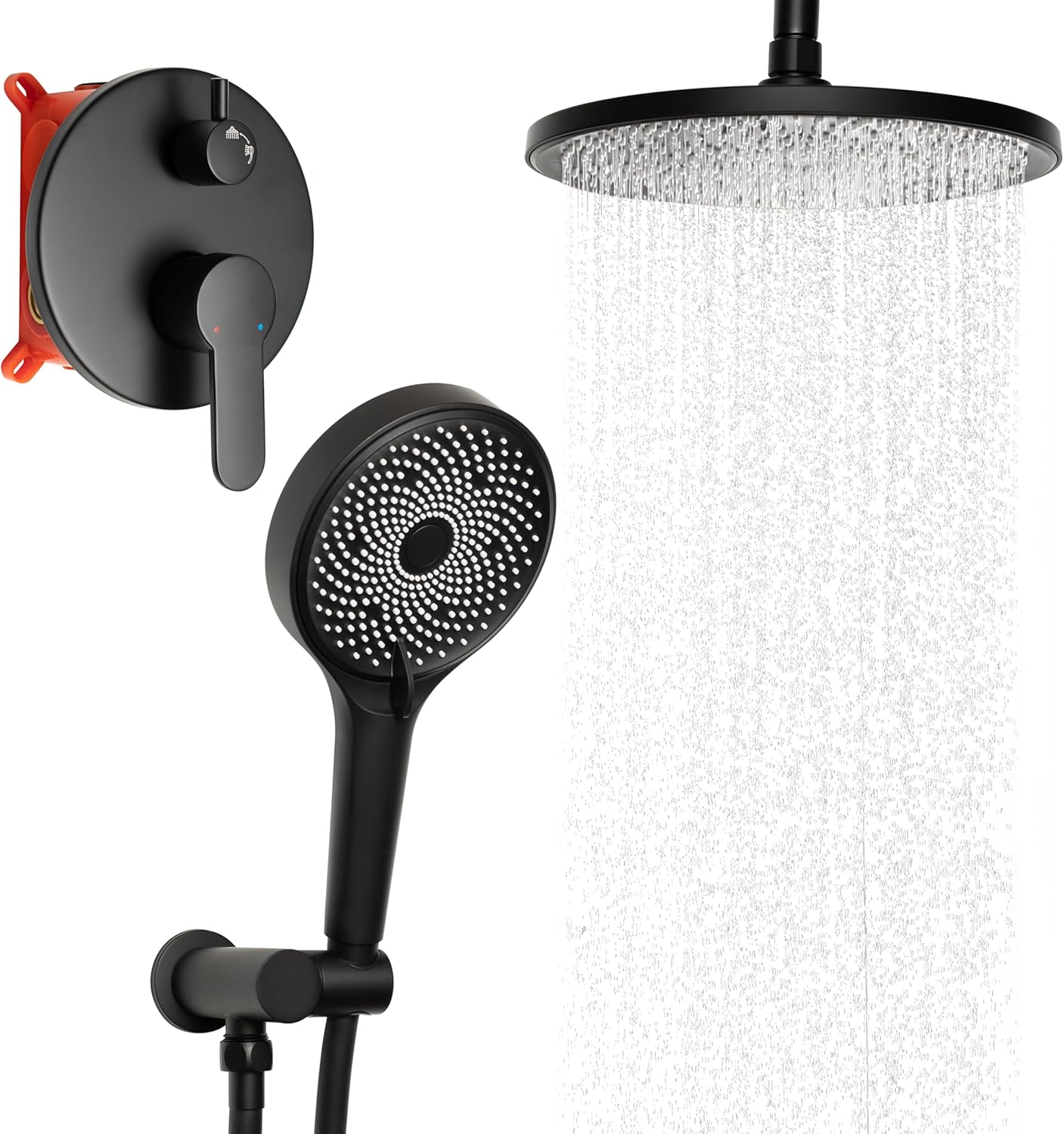 Rainfall Shower System Matte Black High Pressure Shower Combo Kit 10 inch Shower Head and with Hand Held Hose Rough-in Valve and Shower Trim Included Bathroom