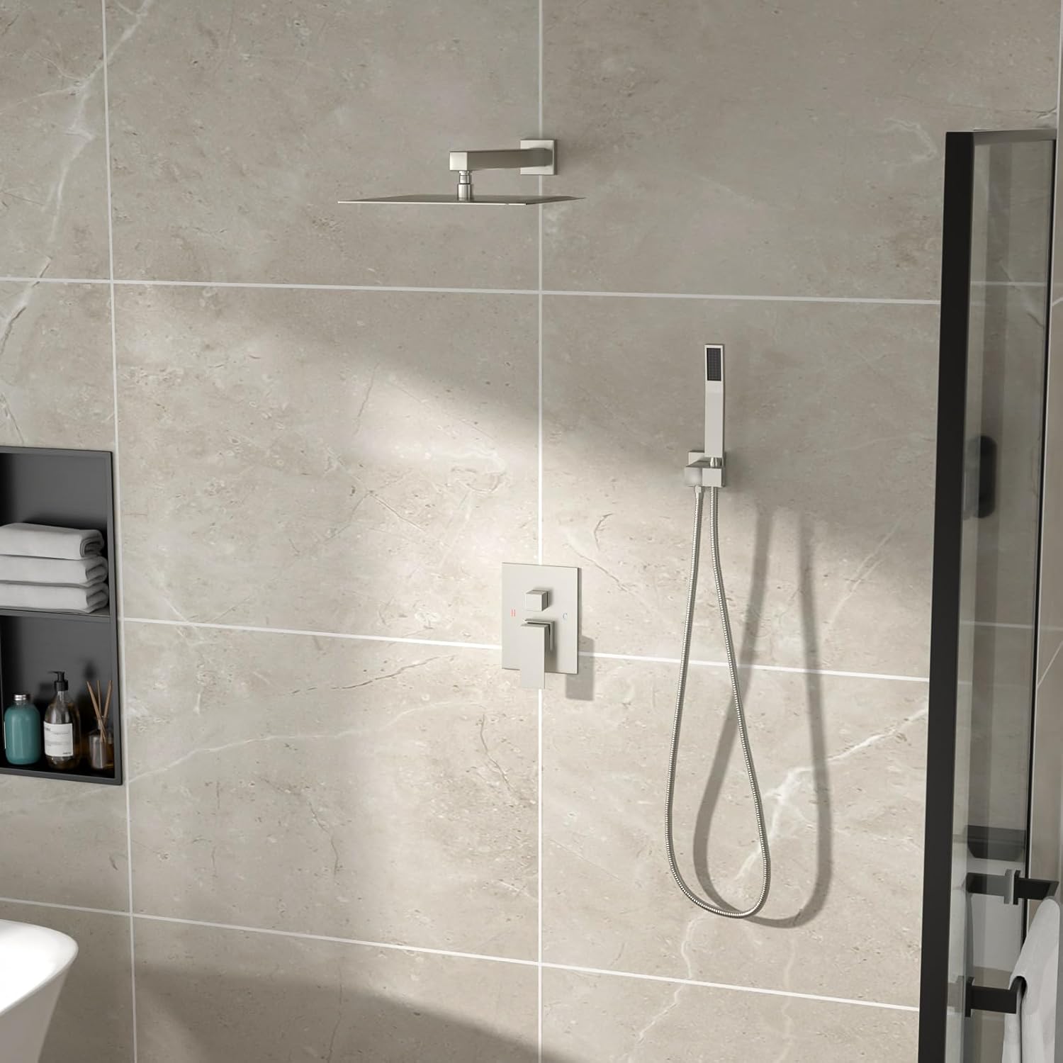 Shower System - 10 Inch Shower Faucet Set Black Shower Head And Handle Set Rainfall Wall Mounted Shower Fixtures Shower Valve And Trim Kit, Black #TLSH-806